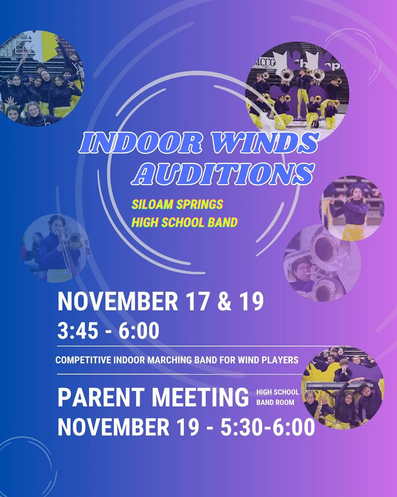 Not ready for marching season to be over? Good news!

Indoor Winds auditions are coming up November 17 &amp; 19, 3:45&ndash;6:00pm!

There will also be a parent meeting on November 19 from 5:30&ndash;6:00pm discussing schedules, expectations, and mor