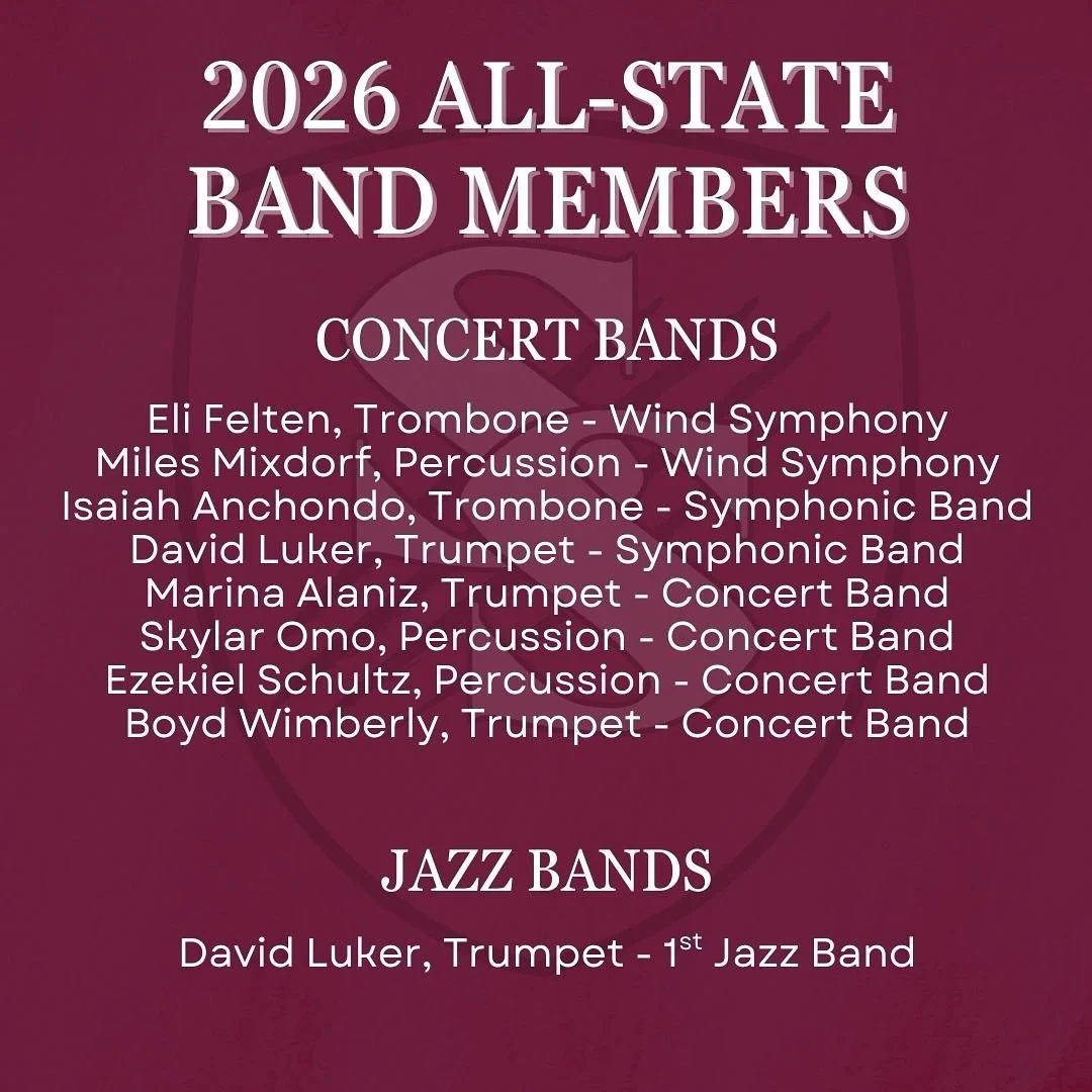 CONGRATULATIONS to the following band members on earning a spot in the 2026 Arkansas All-State Band! Their dedication, passion, and hard work have truly paid off.

We also would like to extend the congratulations to ALL students who auditioned! These