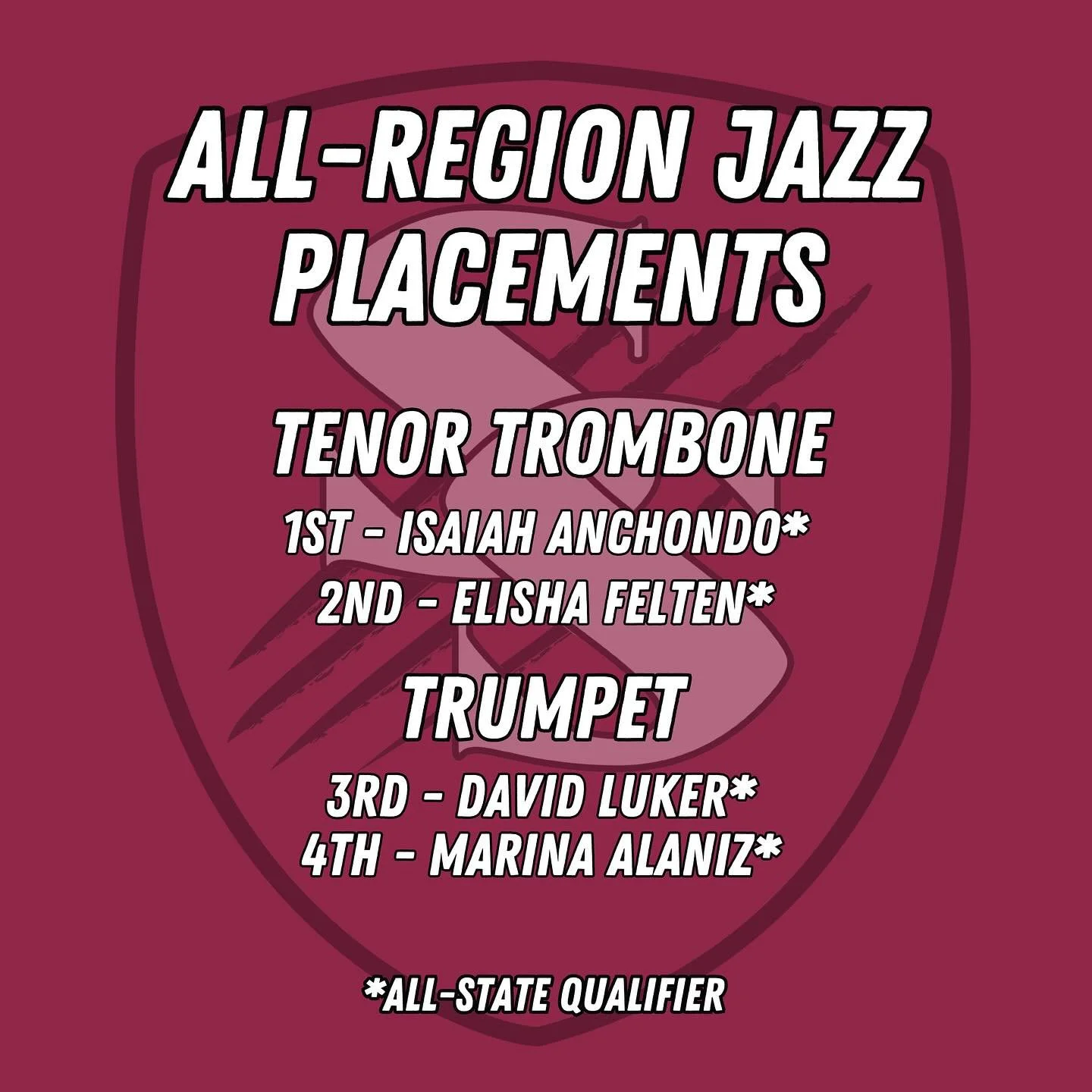 Congratulations to the following SSHS band students on earning a spot in the Region VII All-Region Band!! 🎶