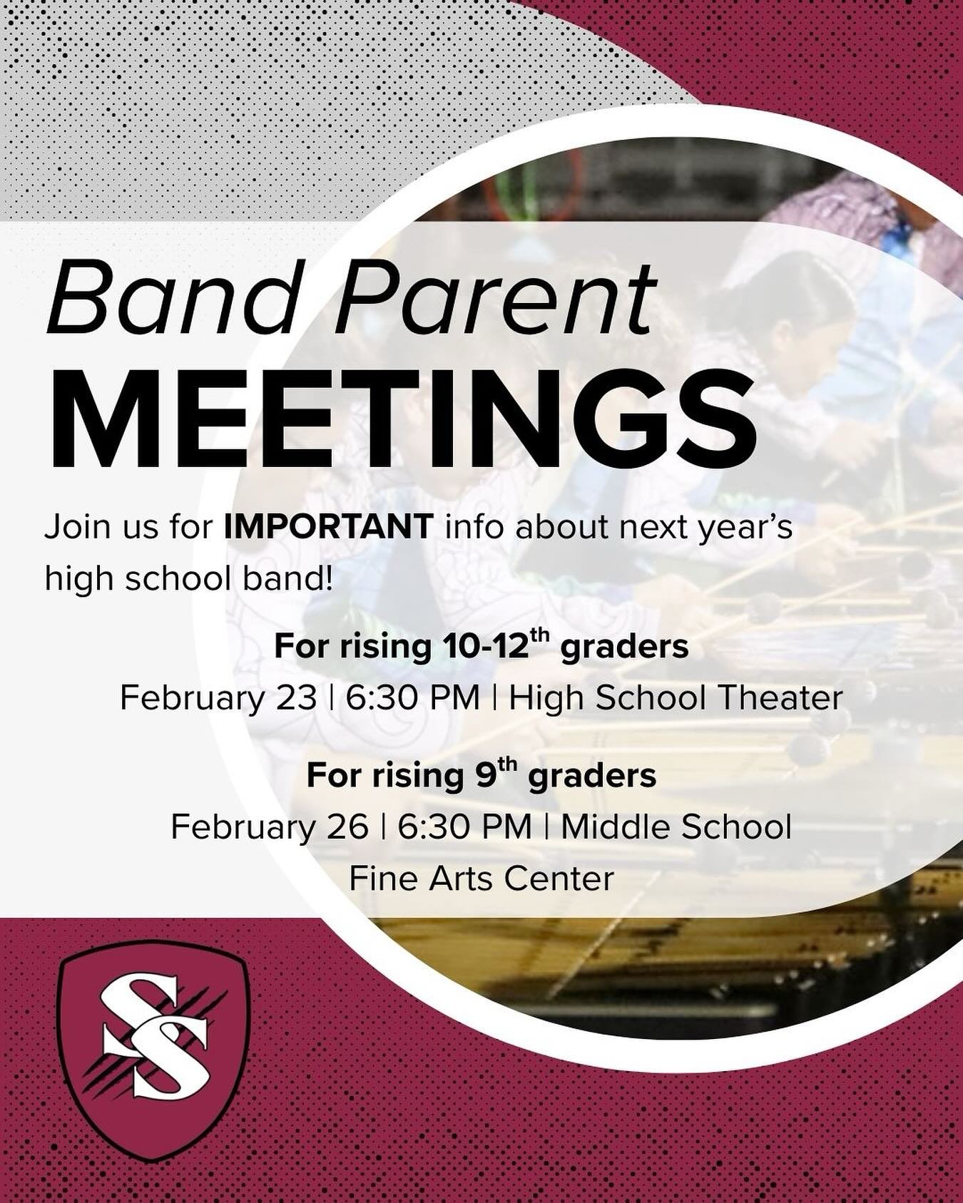CALLING ALL BAND PARENTS! 📣
We will be hosting important parent meetings regarding next year&rsquo;s high school band on the following dates:

Rising 10th&ndash;12th Graders
📅 February 23 | ⏰ 6:30 PM
📍 High School Theater

Rising 9th Graders (Curr