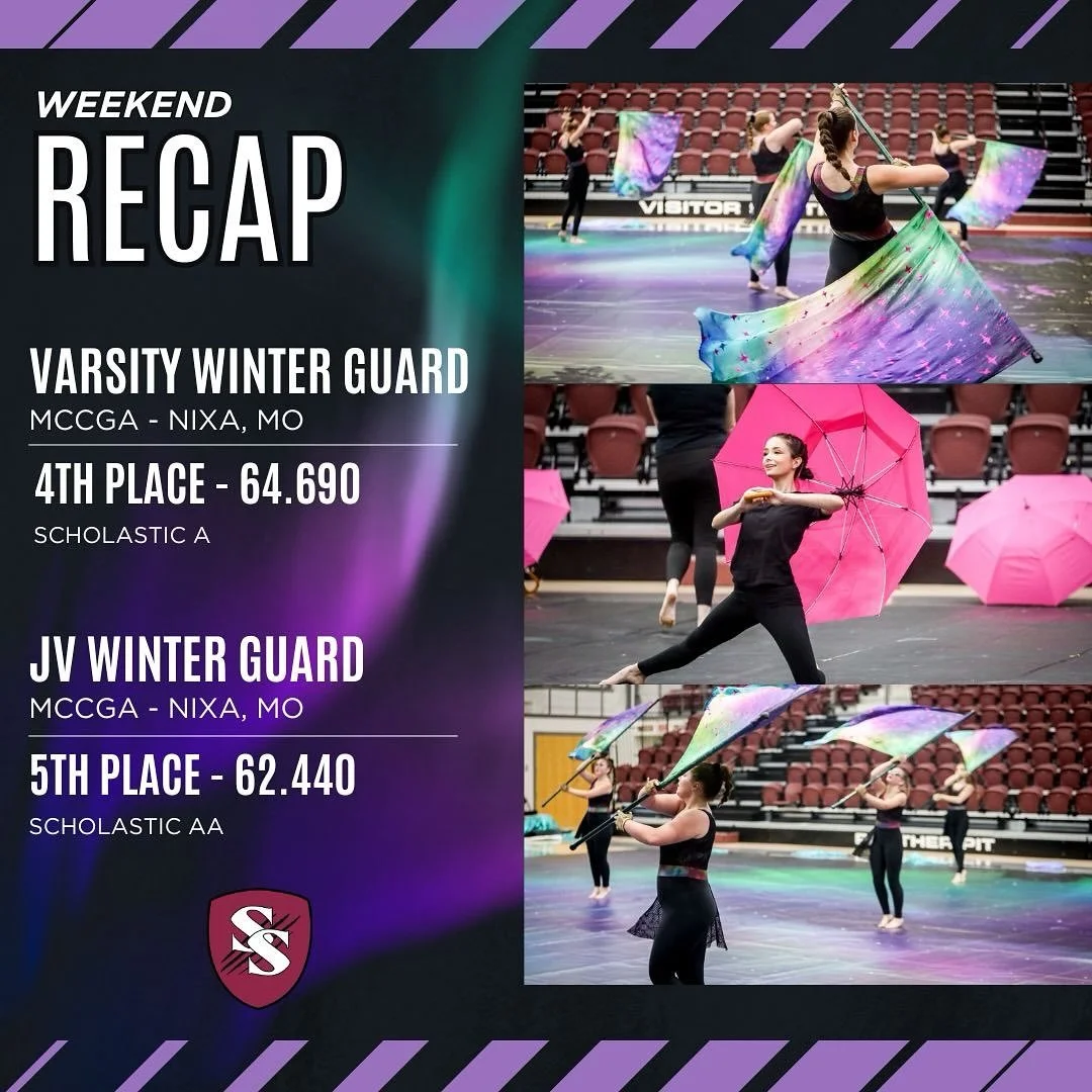 For week two of the indoor competitive season, both our Varsity and Junior Varsity Winter Guards traveled to Nixa, MO to compete in the Mid-Continent Color Guard Association (MCCGA).

In their debut performance in a new classification, Varsity earned