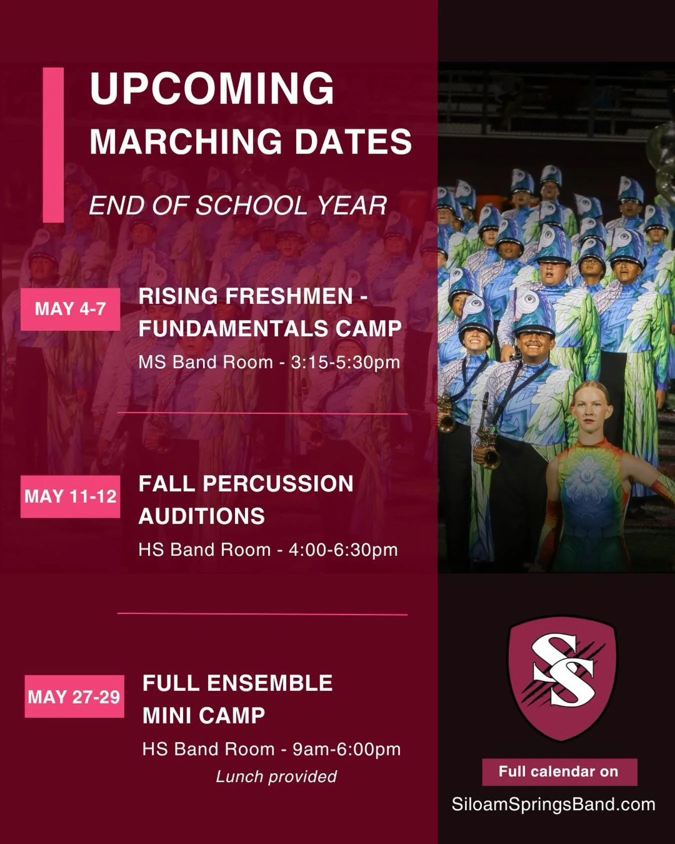 We can&rsquo;t BELIEVE it&rsquo;s almost May! Here&rsquo;s a quick look at some critical dates coming up as we prepare for next marching season. You don&rsquo;t want to miss this! 👀 

A full calendar of events is available at SiloamSpringsBand.com/c