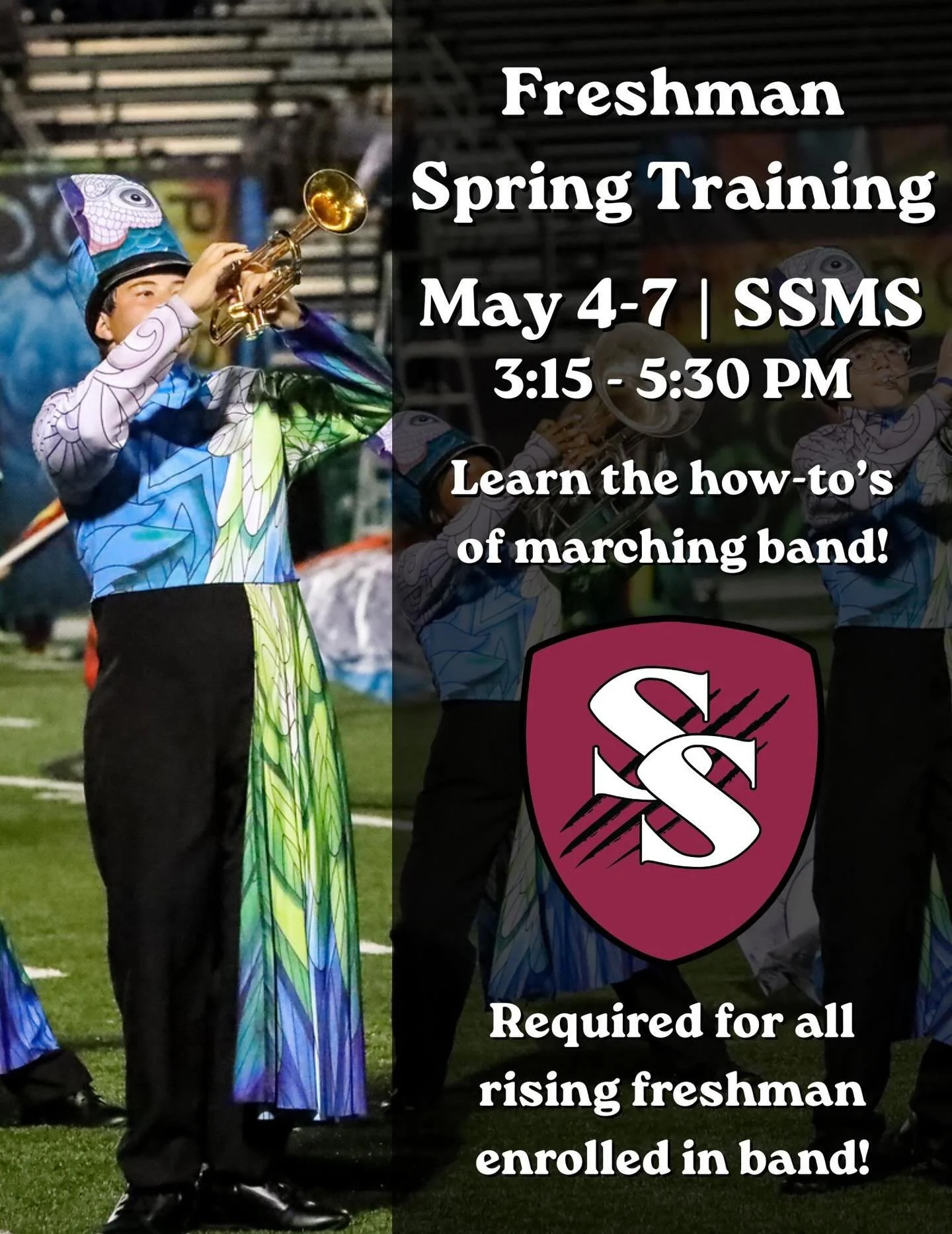 CALLING ALL FUTURE FRESHMEN!! 📣 

Our annual Freshman Spring Training Camp is coming up soon! This camp is required for ALL rising freshmen joining the high school band next fall. 

🗓️: May 4-7
⏰: 3:15-5:30pm
📍: Middle School Band Room

This is MA