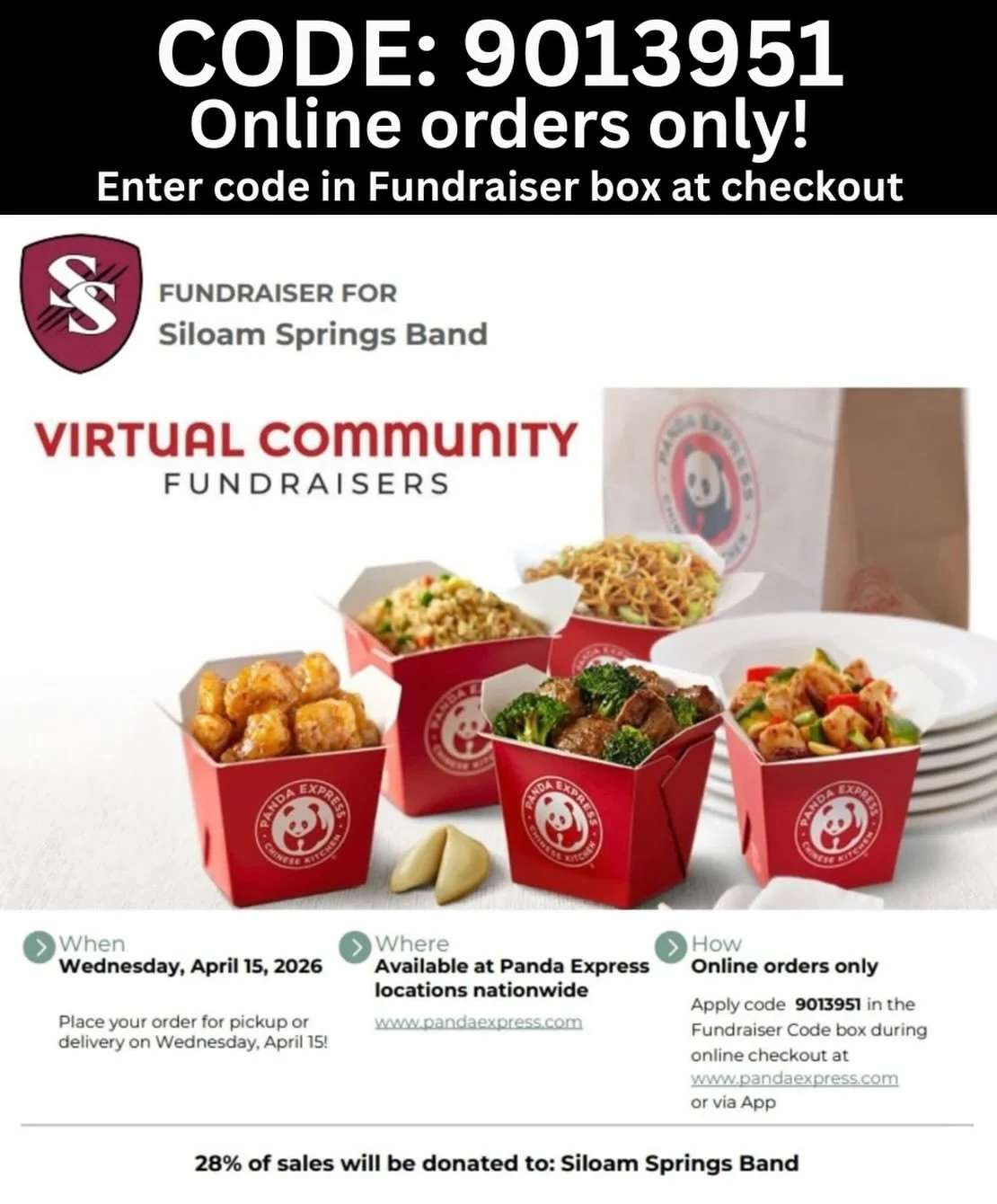 Promo Code: 9013951

IT&rsquo;S PANDA EXPRESS DAY!! Order online and enter the code above when checking out - 28% of all sales go right back to the band!

This applies to ALL PANDA EXPRESS LOCATIONS nationwide!! No matter where you are, get some oran