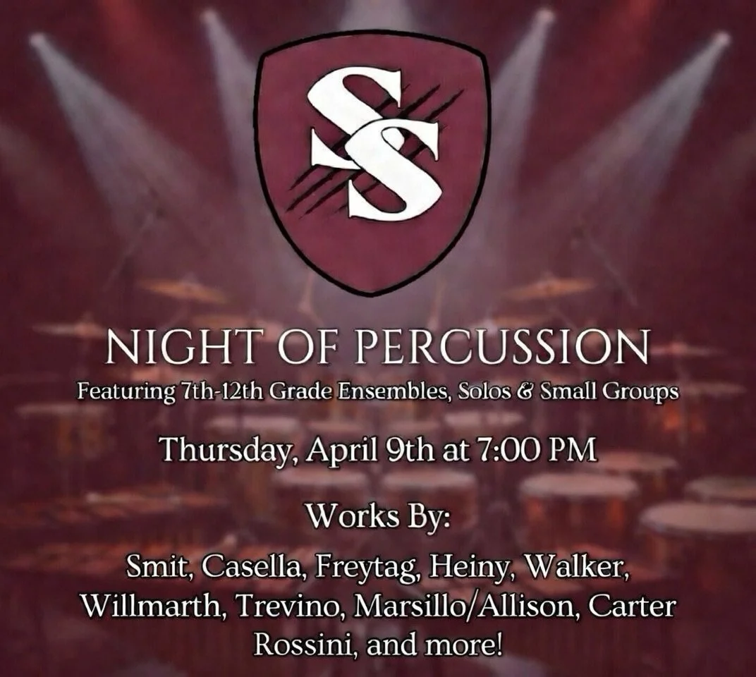 Come support our 7-12 percussion program at our annual Night of Percussion this Thursday! This event is a special one and is our send-off for the high school studio, who are heading to the UCA this weekend. Also check out the Panda Express fundraiser