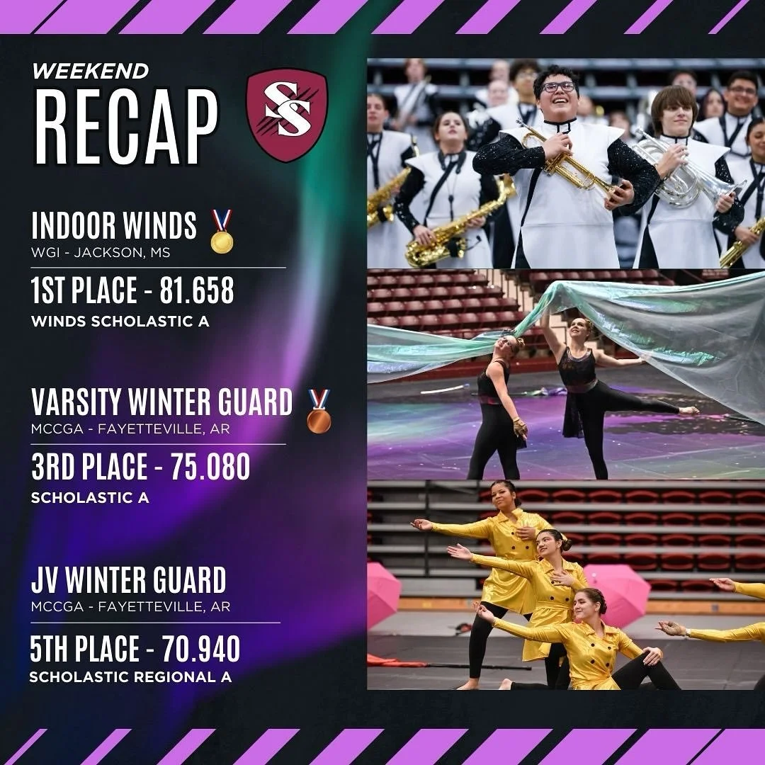 Week 5 is in the books! 📖

This weekend, Indoor Winds made the trip to Mississippi for the WGI Jackson Regional while both Winter Guards closed out their seasons at MCCGA Fayetteville. All three groups brought the heat!

Indoor Winds earned their th