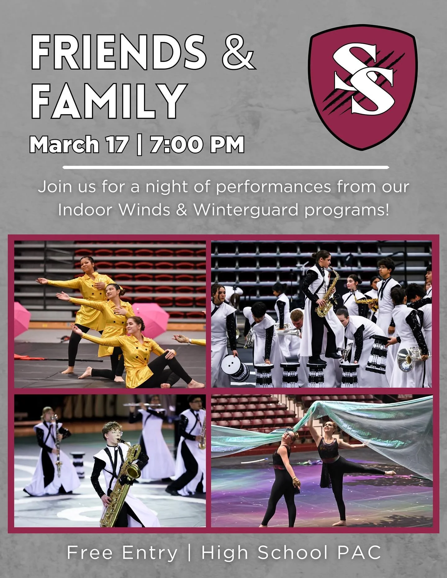 ✨🎶Join us to celebrate an incredible Indoor Season!

Come support our talented SSHS Indoor Winds and Winterguard as they showcase their incredible performances at Friends &amp; Family Night!

📅 Tuesday, March 17
🕖 7:00 PM
📍 SSHS PAC
🎟 Free Entry