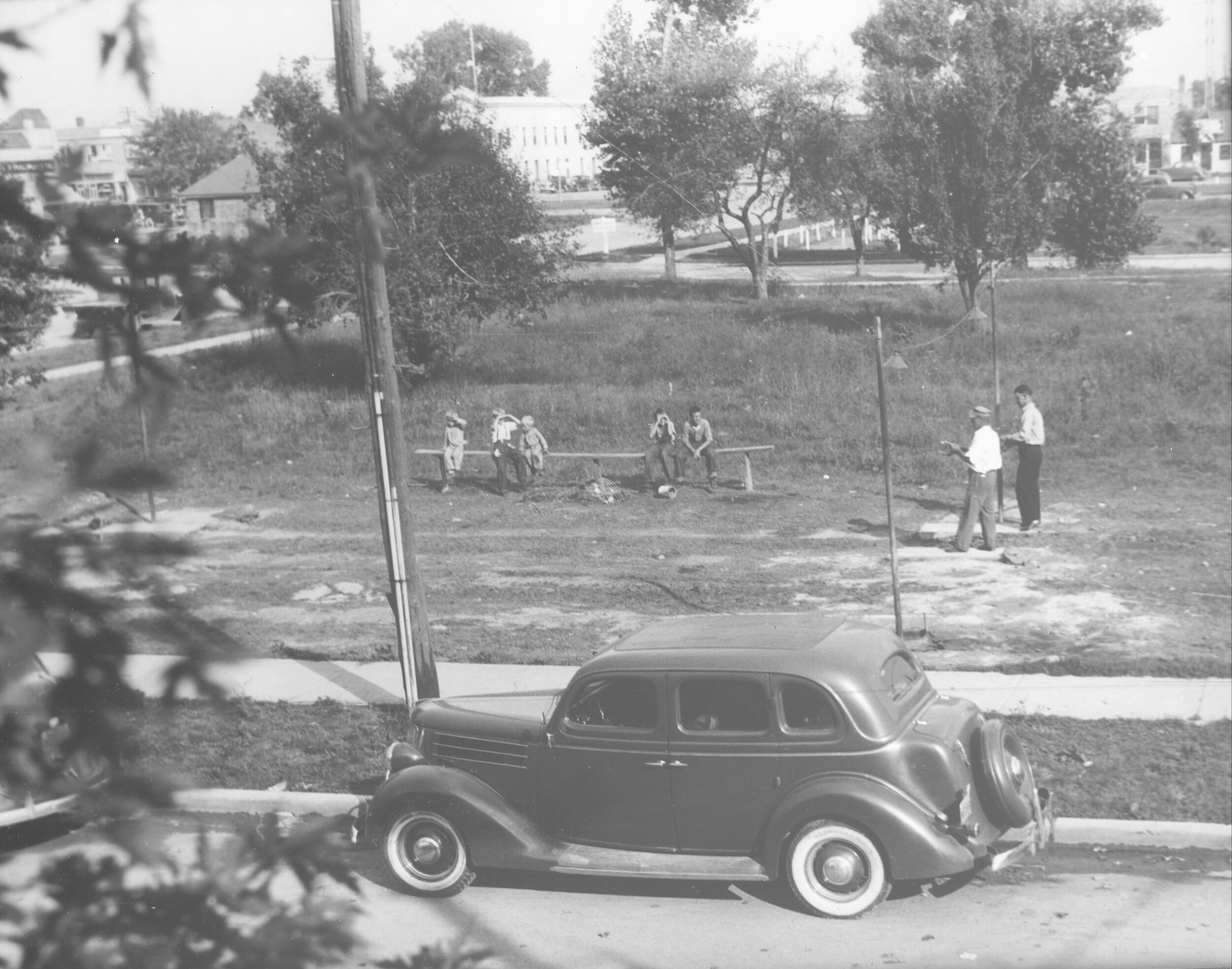 “Quandt Park” an undeveloped lot owned by Herman and Mary Quandt and future site of the post office building, Fort Park and Southfield Road, mid-1930s [photo taken from the roof of city hall]