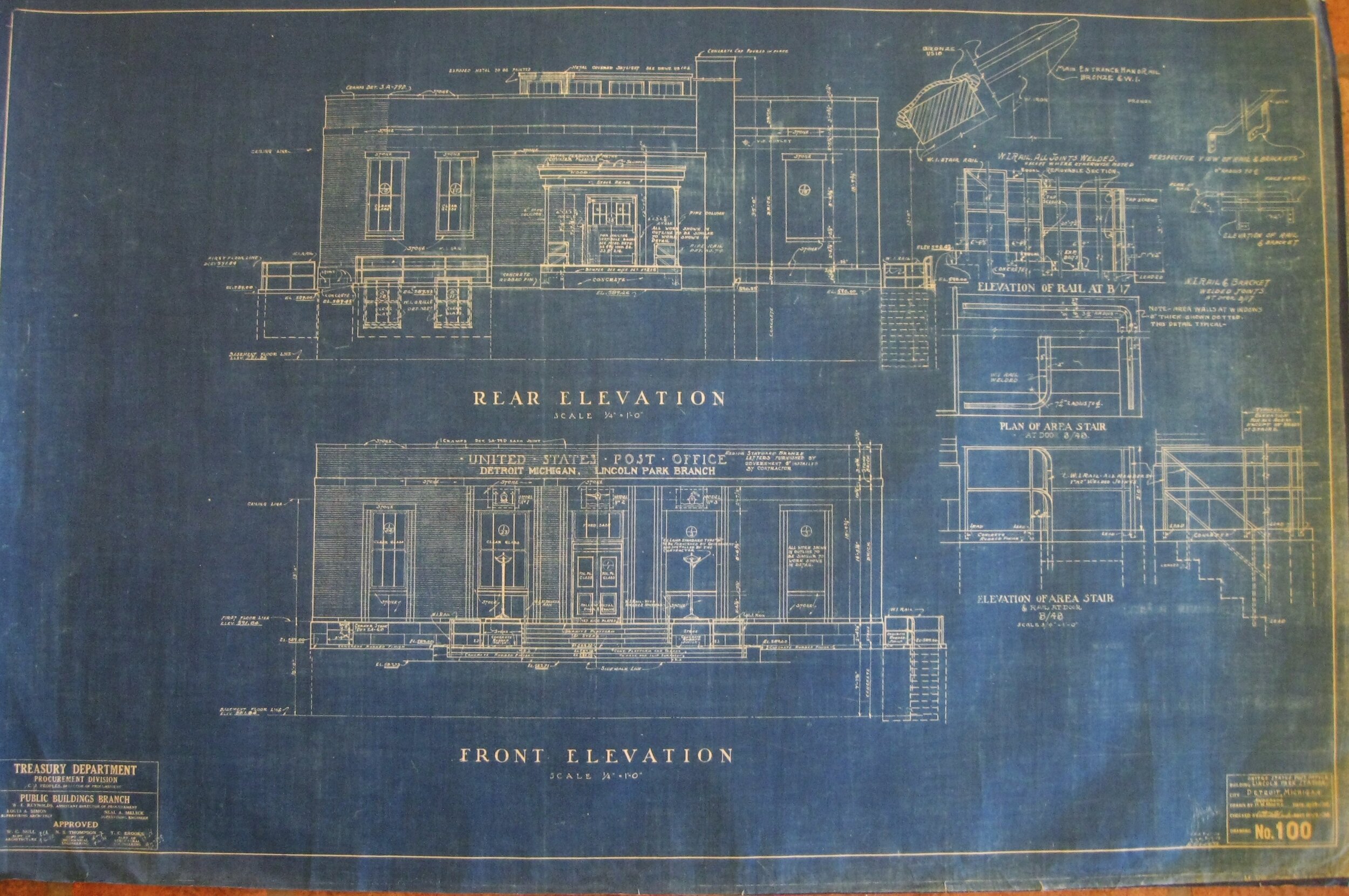Blueprint No. 100 showing rear and front elevations; one of dozens of blueprints for the Lincoln Park post office building; shown on exhibit