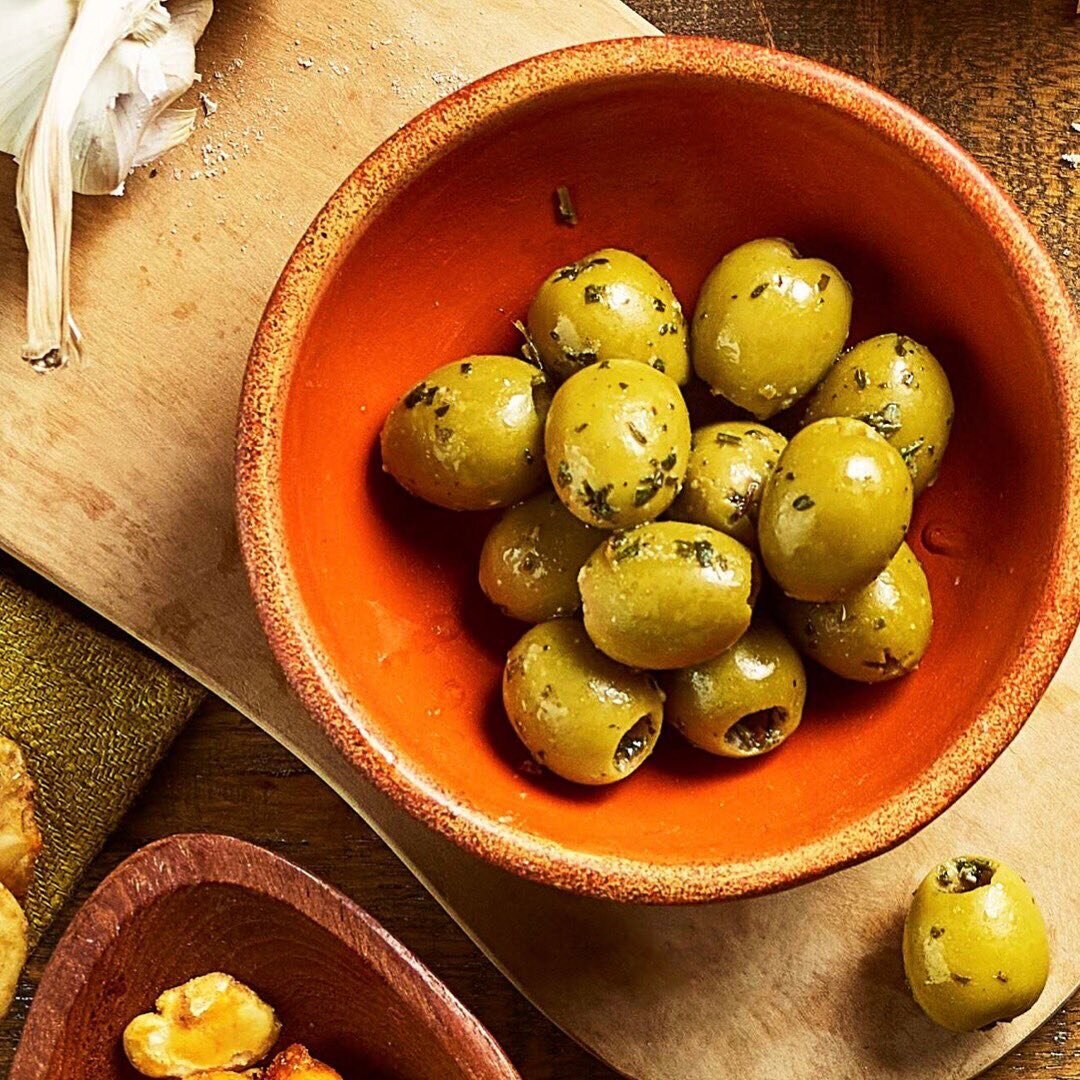 Completing the line up; plump and juicy large green Gordal olives enhanced with a Garlic and Herb marinade