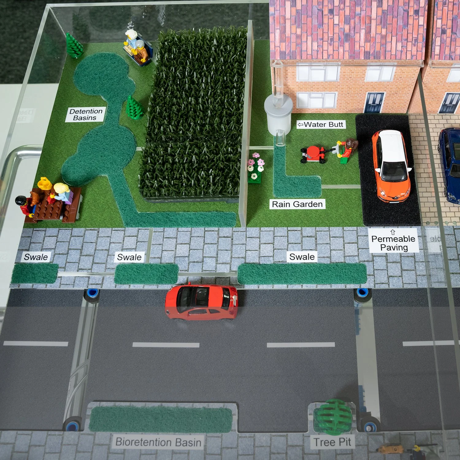 These systems work together to lower flow rates of surface water, and either releasing it slowly into the wastewater network, or allowing it to infiltrate into the ground.