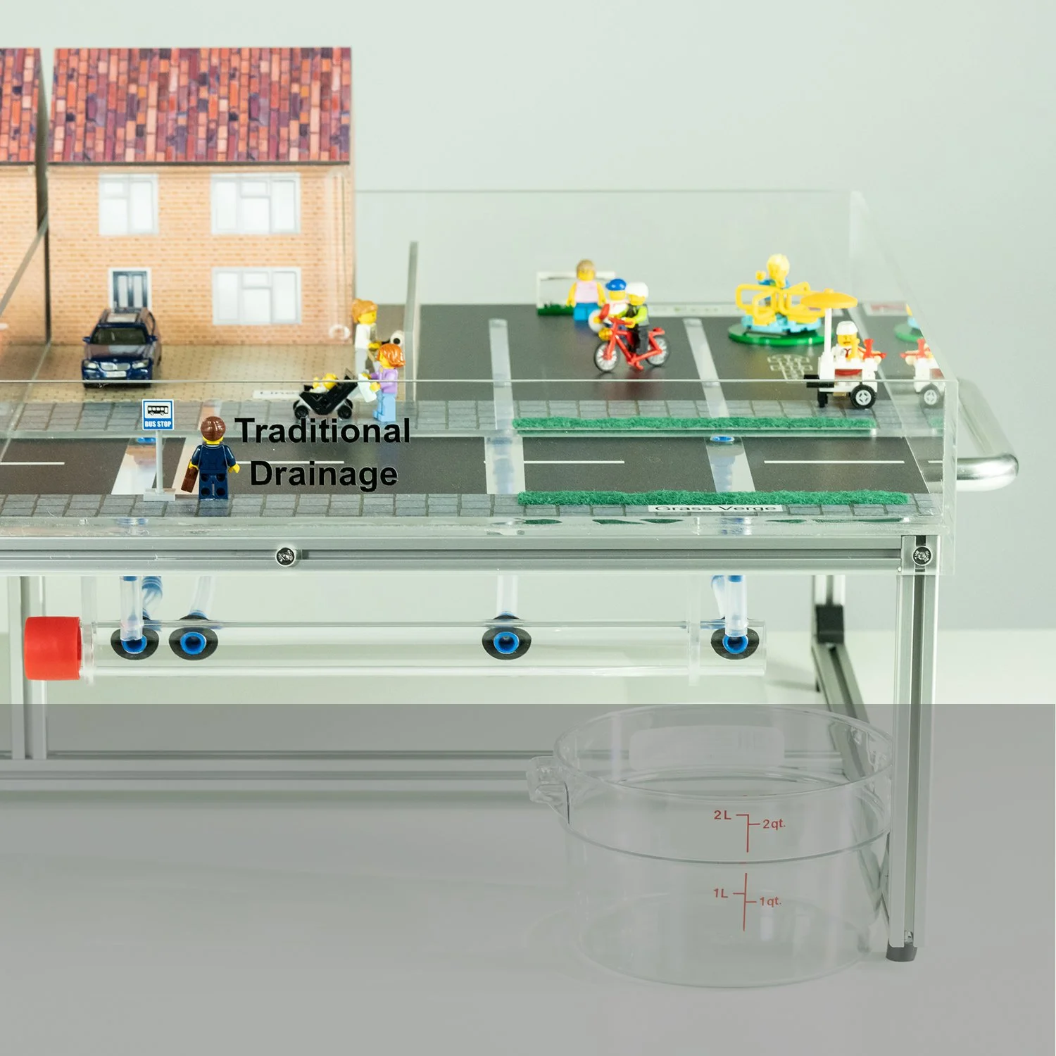 On this side of the model, only the roadside drains are connected to the sewer. All of the other drainage measures feed into the water container at the back of the model, which represents drainage into the ground.