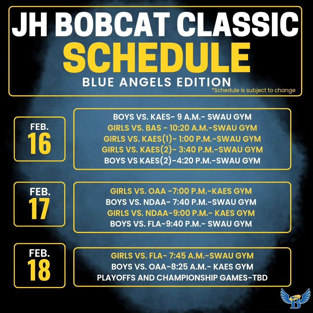 ITS GAME TIME!!

Come out and support our Junior High Boys and Girls at the annual #bobcatclassic tourney this weekend!

#flyhigh
#basketballseason
#juniorhighbasketball