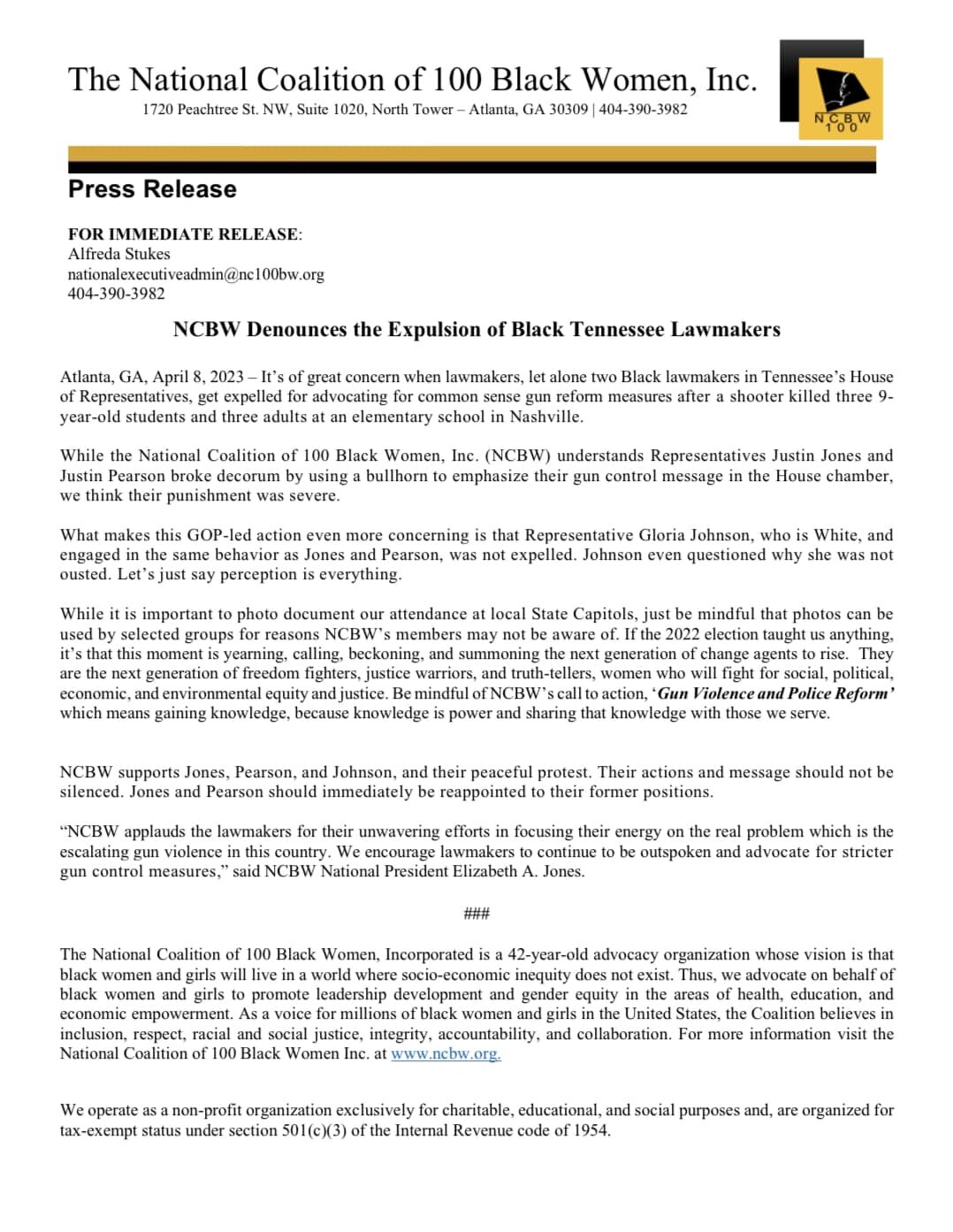 NCBW Denounces the Expulsion of Black Tennessee Lawmakers // NCBW supports Tennessee State Representatives Justin Jones, Justin Pearson, and Gloria Johnson for their unwavering efforts in focusing their energy on the real problem which is the escalat