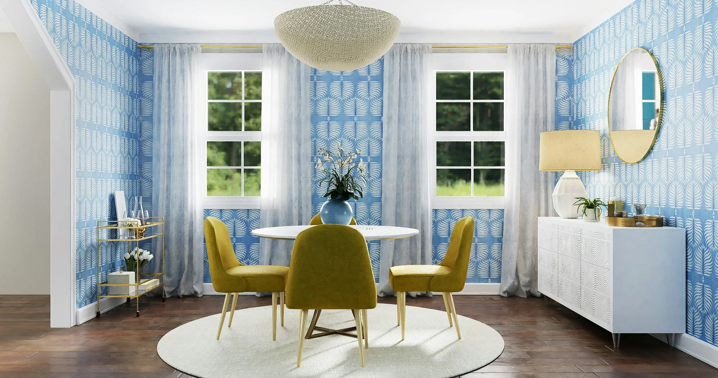 blue and yellow dining, colorful dining room, yellow dining chairs
