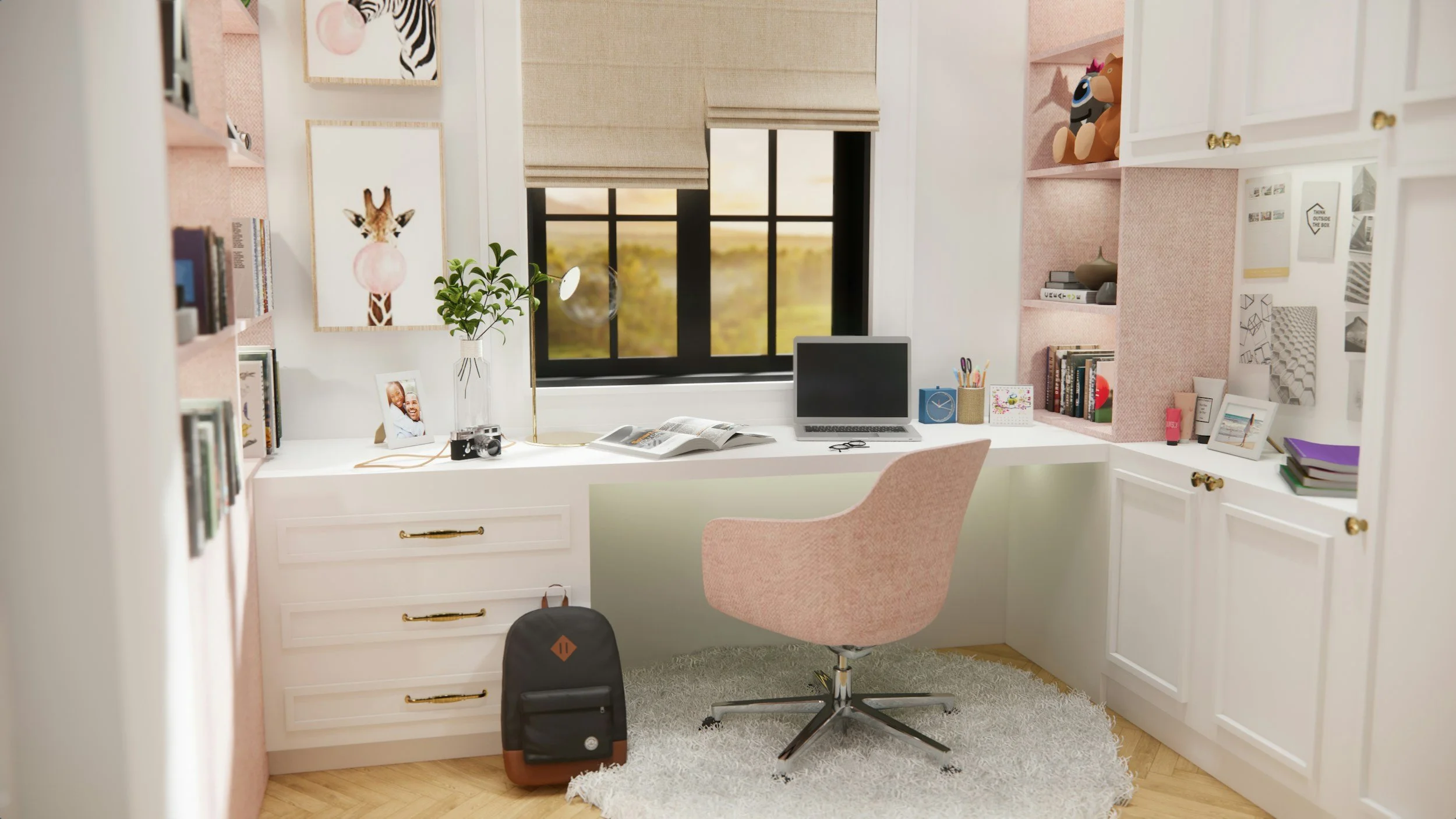 cozy home office, pink themed home office, pink swivel chair