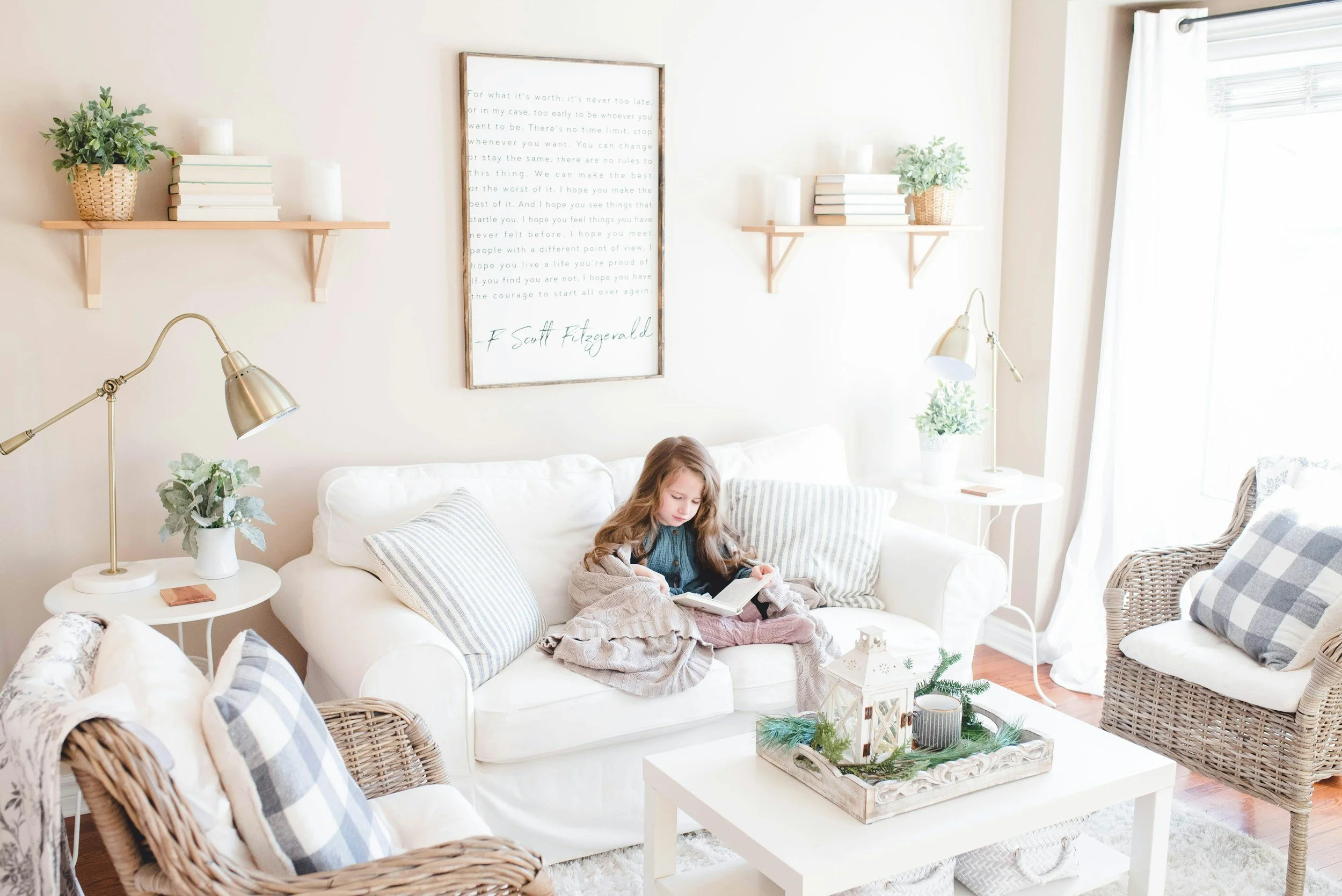 cozy luxe living room, child reading a book in the living room, accent light