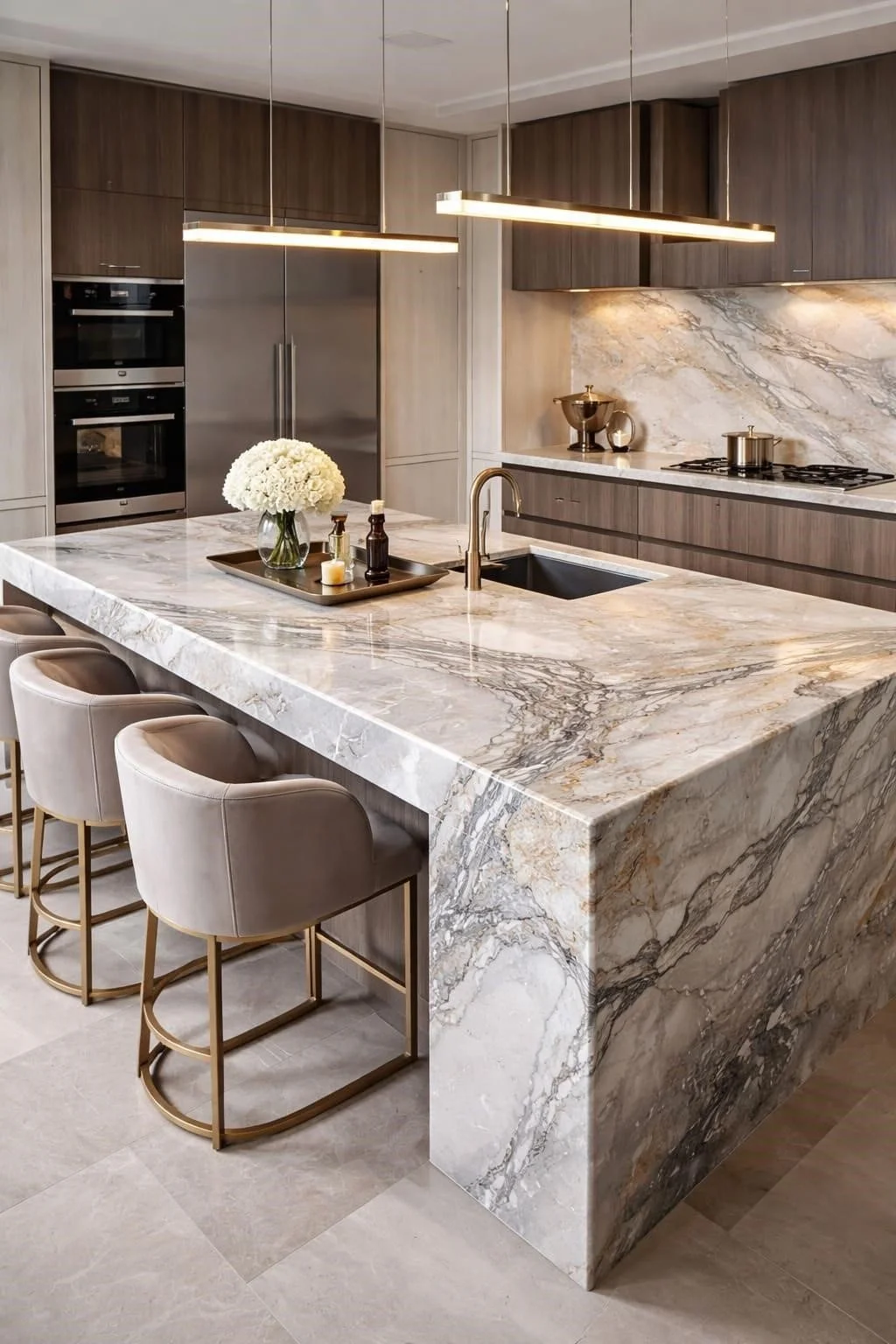 A luminous quartzite kitchen — warm veining, organic depth, beautifully lit