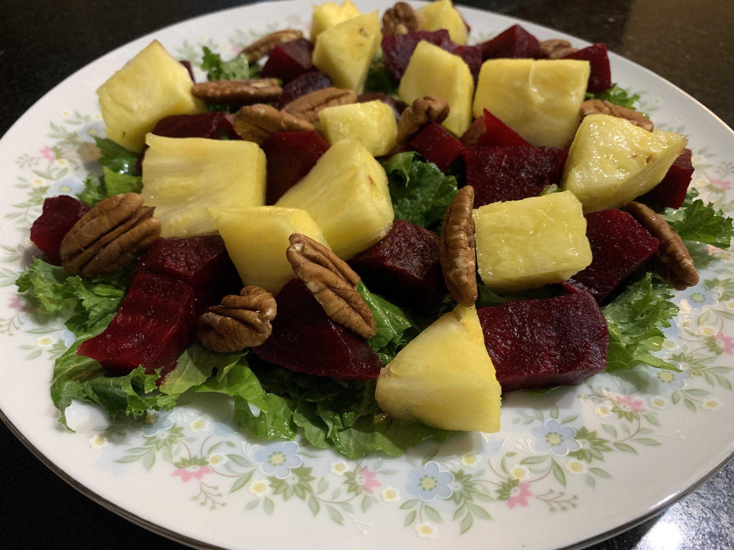 Pineapple, Beet, and Mustard Green Salad with Pineapple Lime Vinaigrette