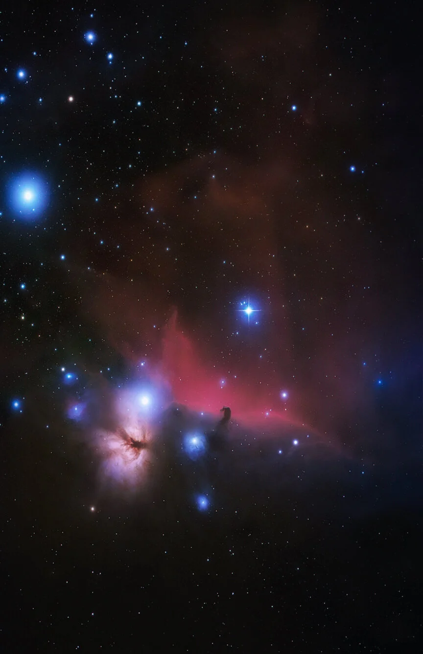 The Horsehead Nebula also known as Barnard 3 is a small dark nebula in the constellation Orion. The nebula is located just to the south of Alnitak, the eastern most star of Orion's Belt, and is part of the much larger Orion Molecular Cloud Complex. 
