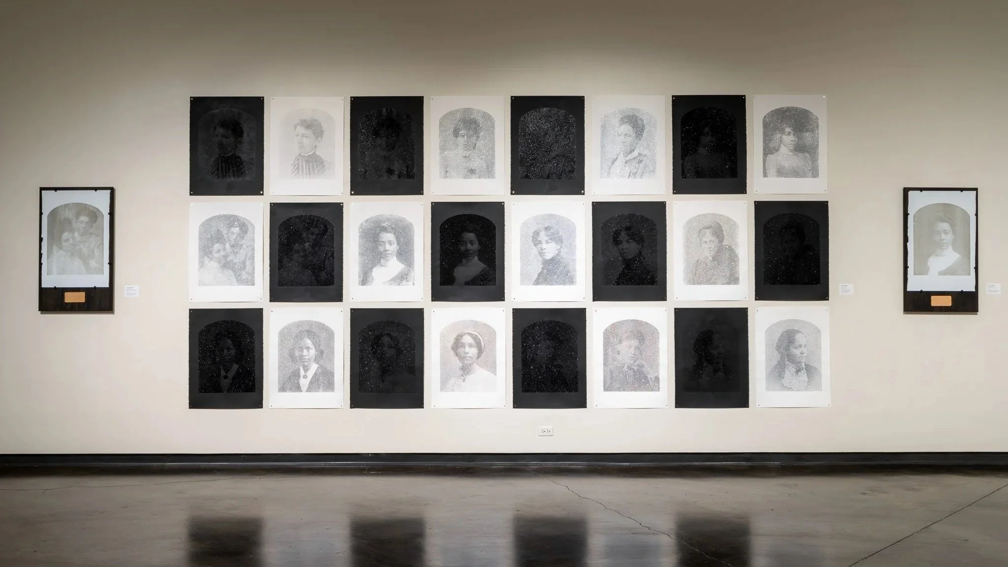 Veronica Jackson,  BLACKTIVISTS , 2022-ongoing, Hand-screen printed portraits on black and white Legion Stonehenge paper, black ink, extra fine black glitter, silver ink, silver holographic glitter