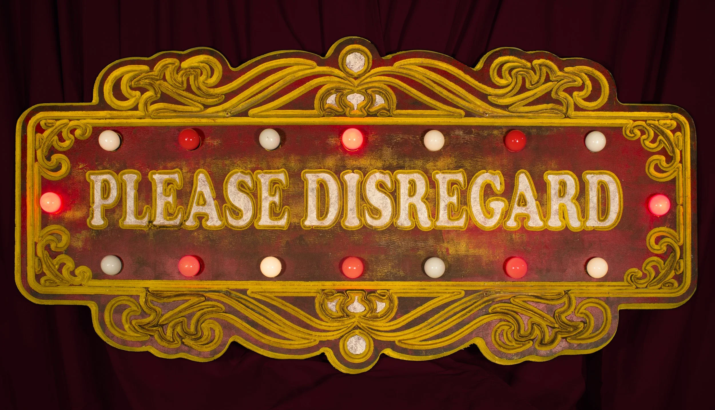  Please Disregard , 2018, plywood, acrylic paint, light bulbs, chase lighting system