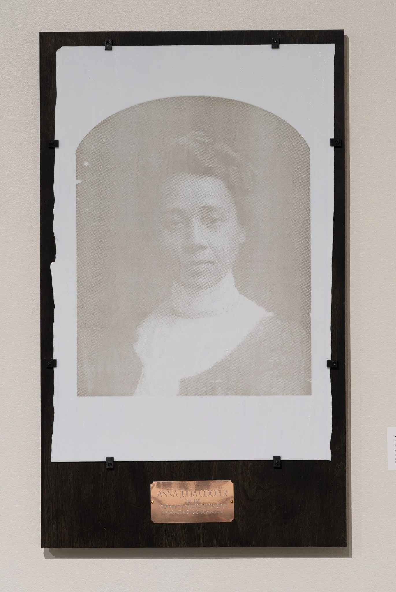 Veronica Jackson,  BLACKTIVISTS (Anna Julia Cooper) , 2024, hand-printed silkscreen portrait on opaque white opalescent Bullseye glass, deep gray frit, kiln fired
