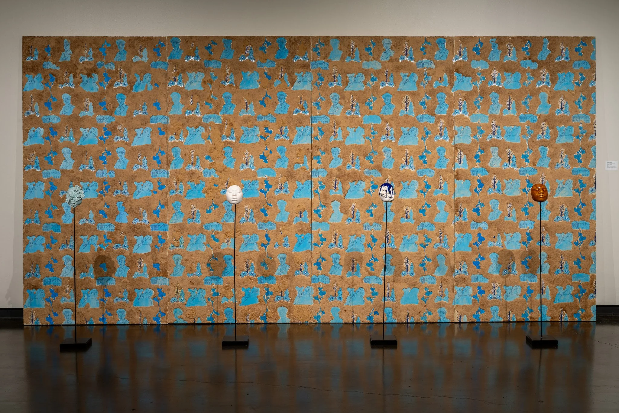 LaRissa Rogers,  Textures of Enfleshment (a silent viewer) , 2023, brown sugar-encrusted hand-painted wallpaper panels, acrylic, porcelain, candied brown sugar
