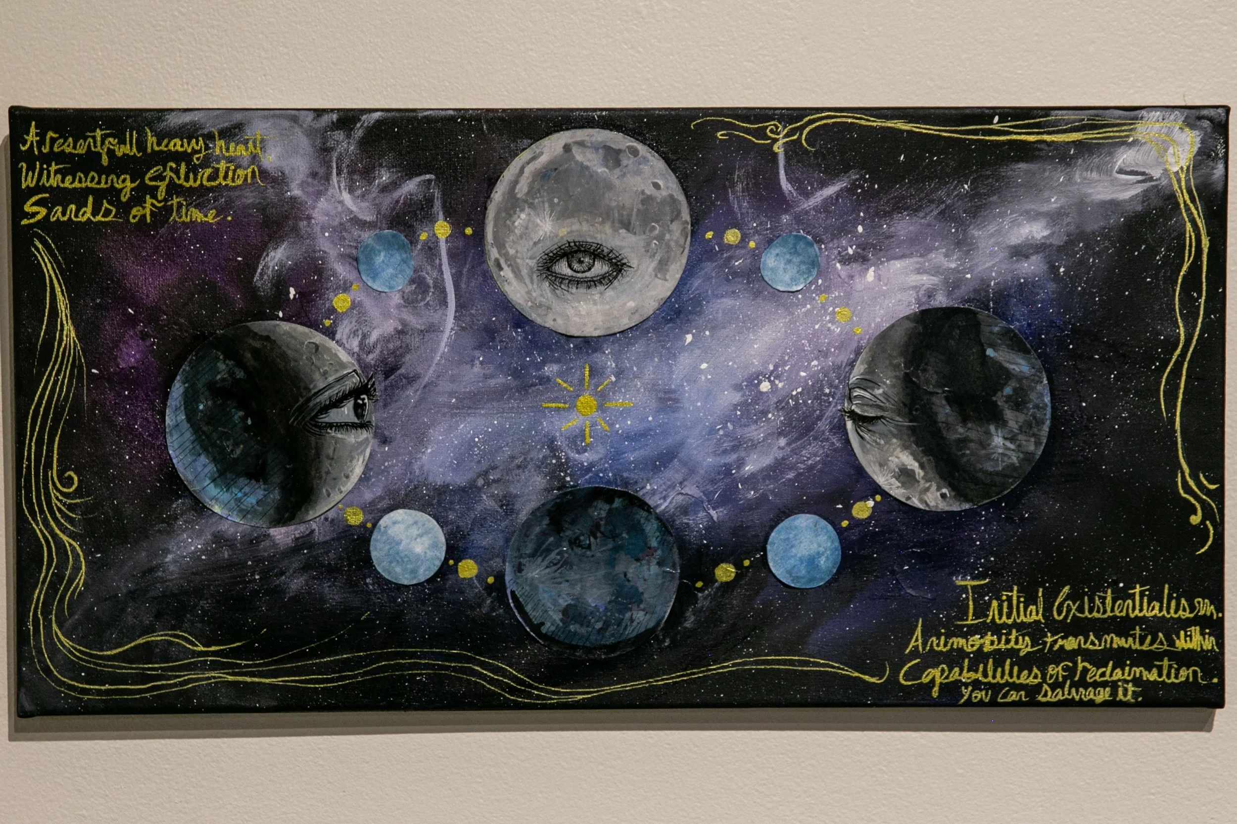 Alex Dascenzo,  Observe , acrylic on canvas, gouache and micron moons, paint pen
