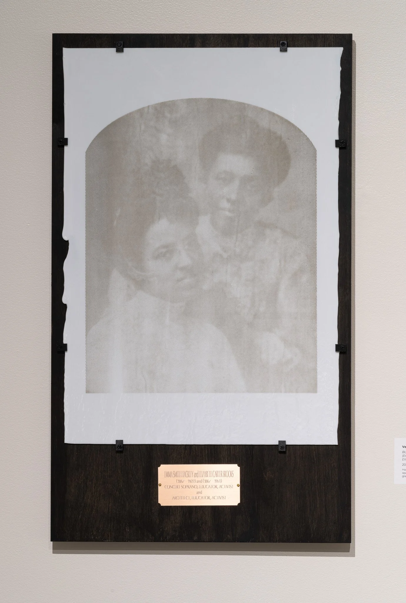 Veronica Jackson,  BLACKTIVISTS (Emma Azalia Hackley and Elizabeth Carter Brooks) , 2024, hand-printed silkscreen portrait on opaque white opalescent Bullseye glass, deep gray frit, kiln fired
