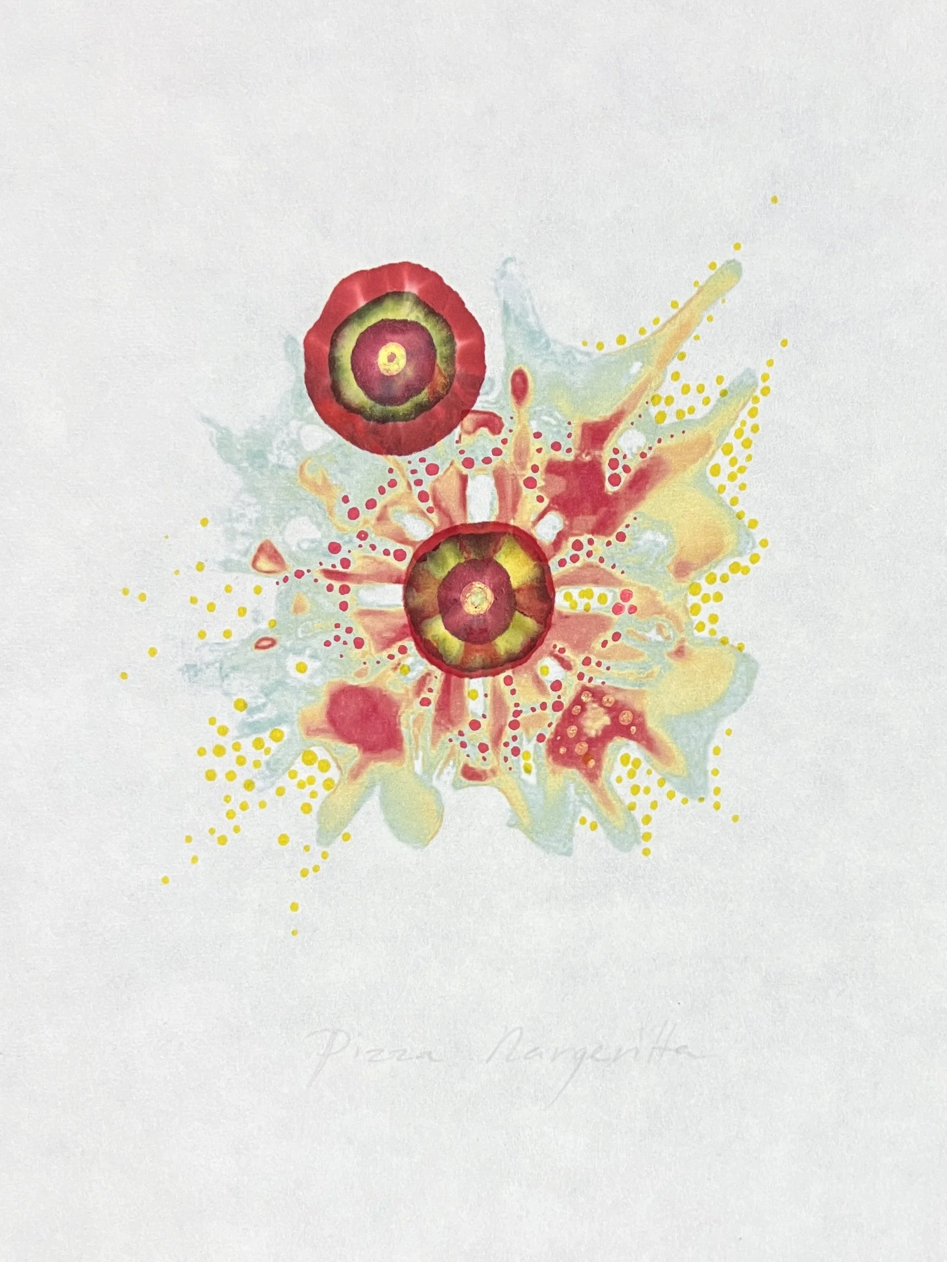  Yassi Mazandi,  Pizza Margherita , 2013, mixed media on paper, 10" x 8"