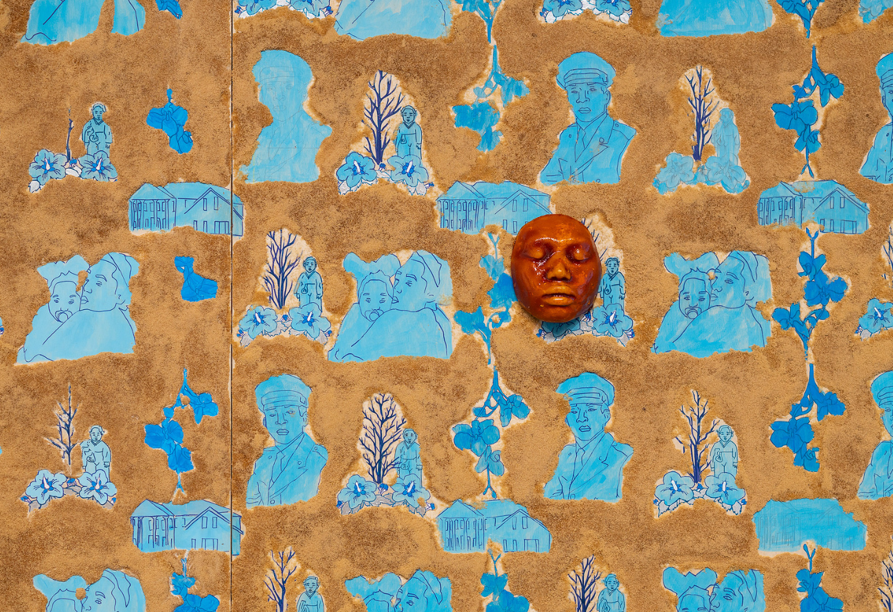 LaRissa Rogers,  Textures of Enfleshment (a silent viewer)  (detail), 2023, brown sugar-encrusted hand-painted wallpaper panels, acrylic, porcelain, candied brown sugar, 8'x16', photo taken by Christopher Wormald