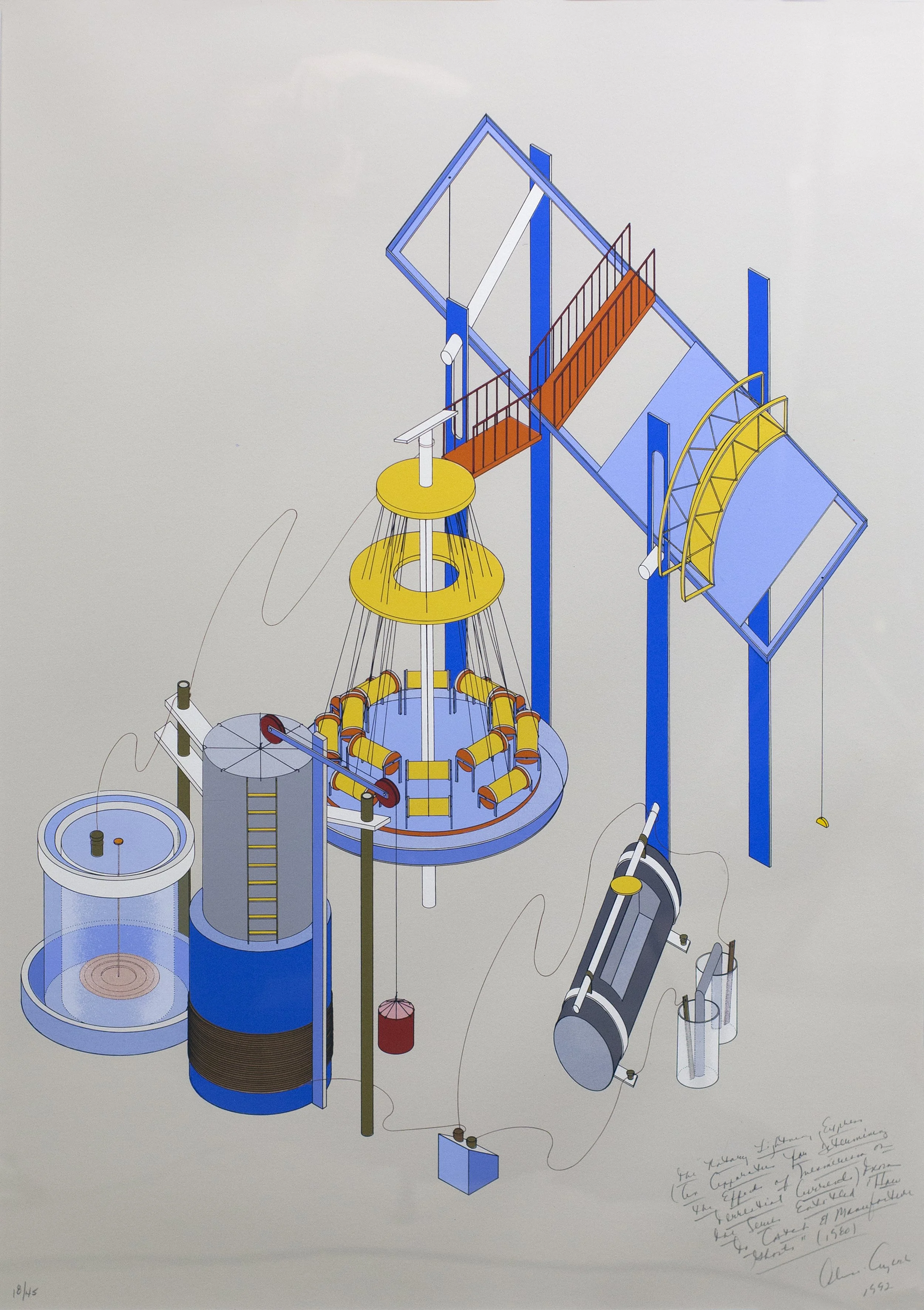 Alice Aycock,   The Rotary Lightning Express (An Apparatus for Determining the Effects of Mesmerism on Terrestrial Currents  , 1980, lithograph print, 45 3/4" x 34", Roanoke College Permanent Collection, Joanne Leonhardt Cassullo