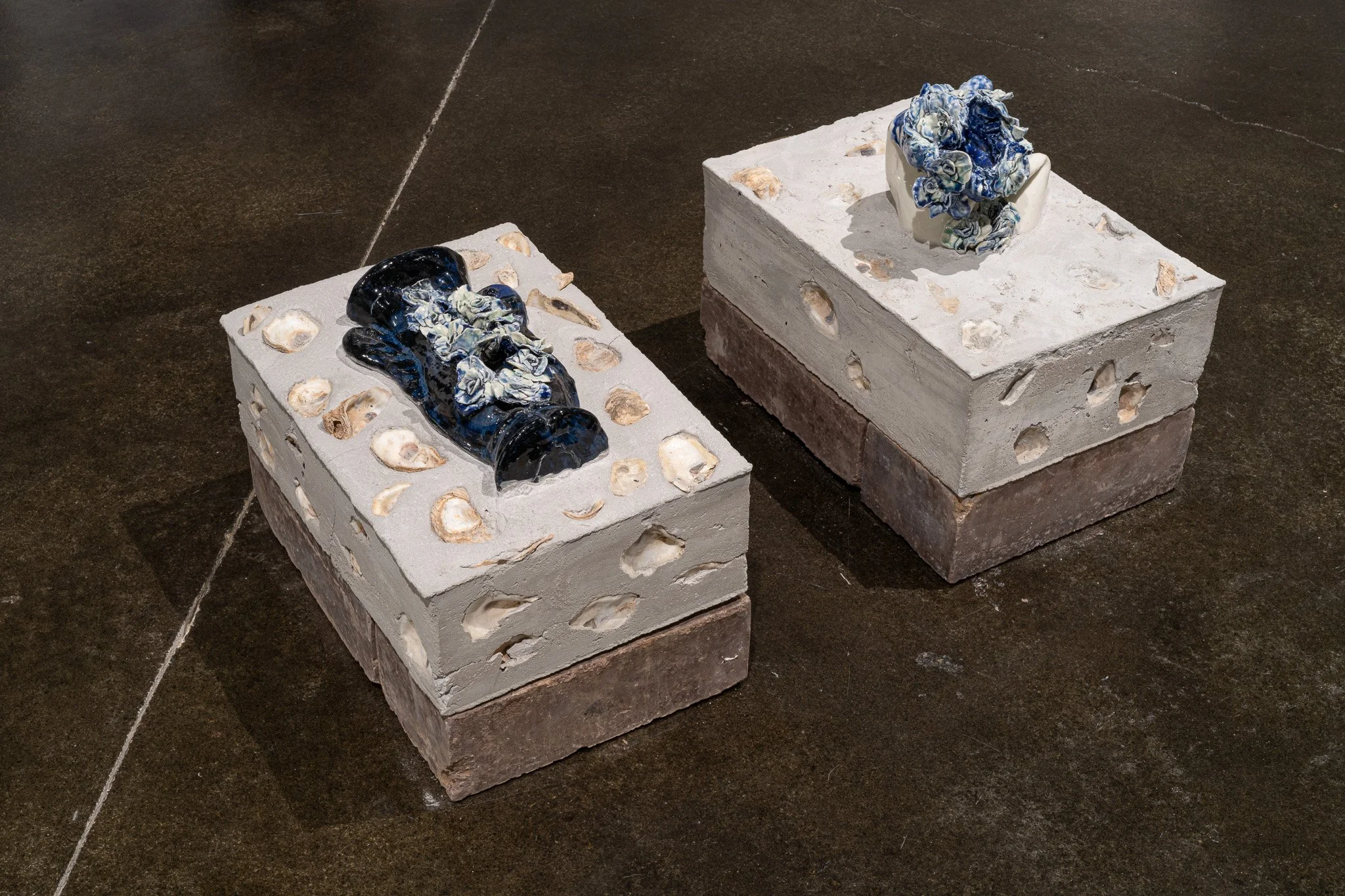 LaRissa Rogers, Breath before Life, 2026, enlarged porcelain slip-cast family heirlooms concrete, oyster shells