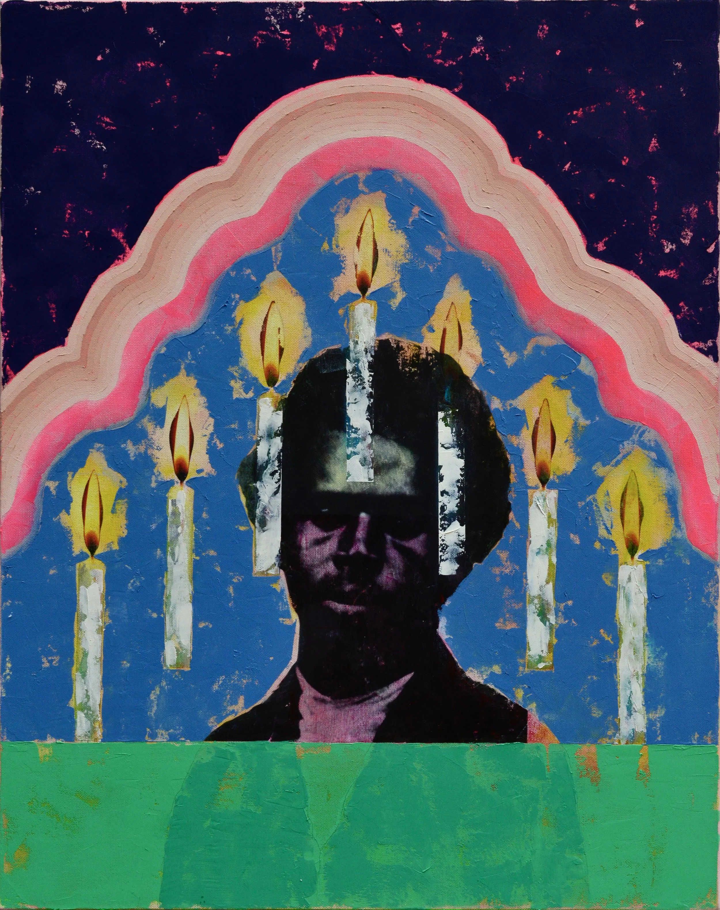Jonny Floyd,  Some are Born to Endless Night , 2022, oil, acrylic, and inkjet photo transfer on canvas, 30" x 24", Roanoke College Permanent Collection, Gift of Joanne Leonhardt Cassullo & The Dorothea L. Leonhardt Foundation, Inc.