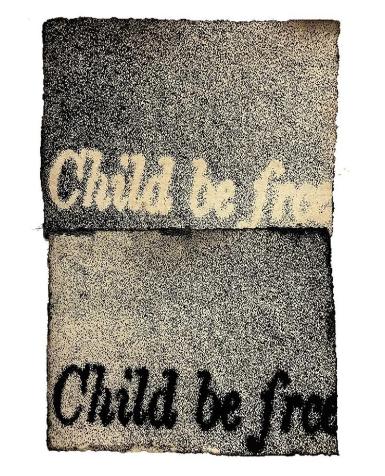 Johnny Floyd,  Child Be Free , 2024, India ink and cotton thread on paper, 20" x 16", Roanoke College Permanent Collection, Gift of Joanne Leonhardt Cassullo & The Dorothea L. Leonhardt Foundation, Inc.