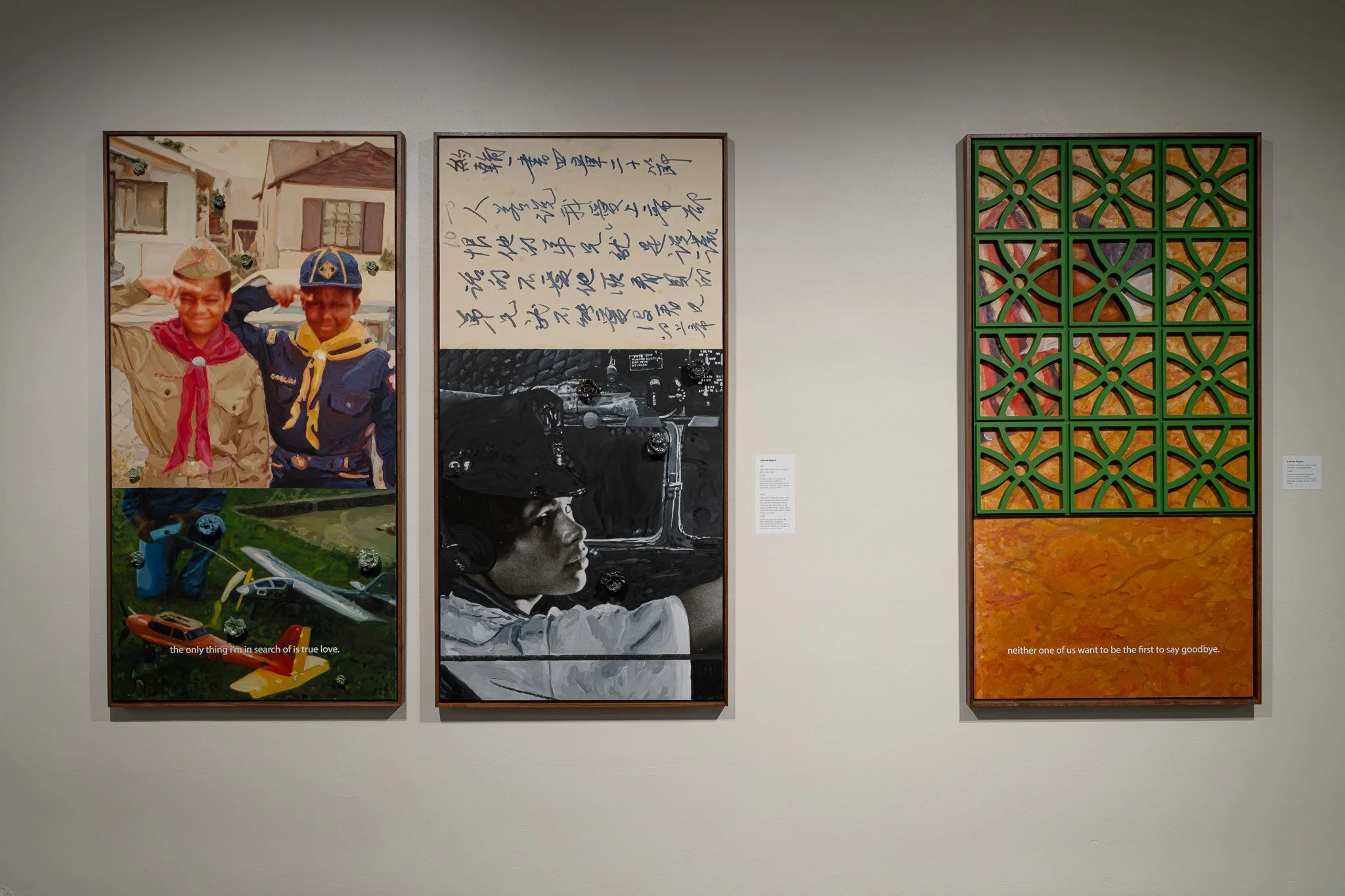 LaRissa Rogers,  the only thing i'm in search of is true love , 2026, archival inkjet print (sourced from the Maurice Berger Memorial Archive and Library at Roanoke College), acrylic, glazed porcelain, walnut frame (left);  Whoever claims to love God