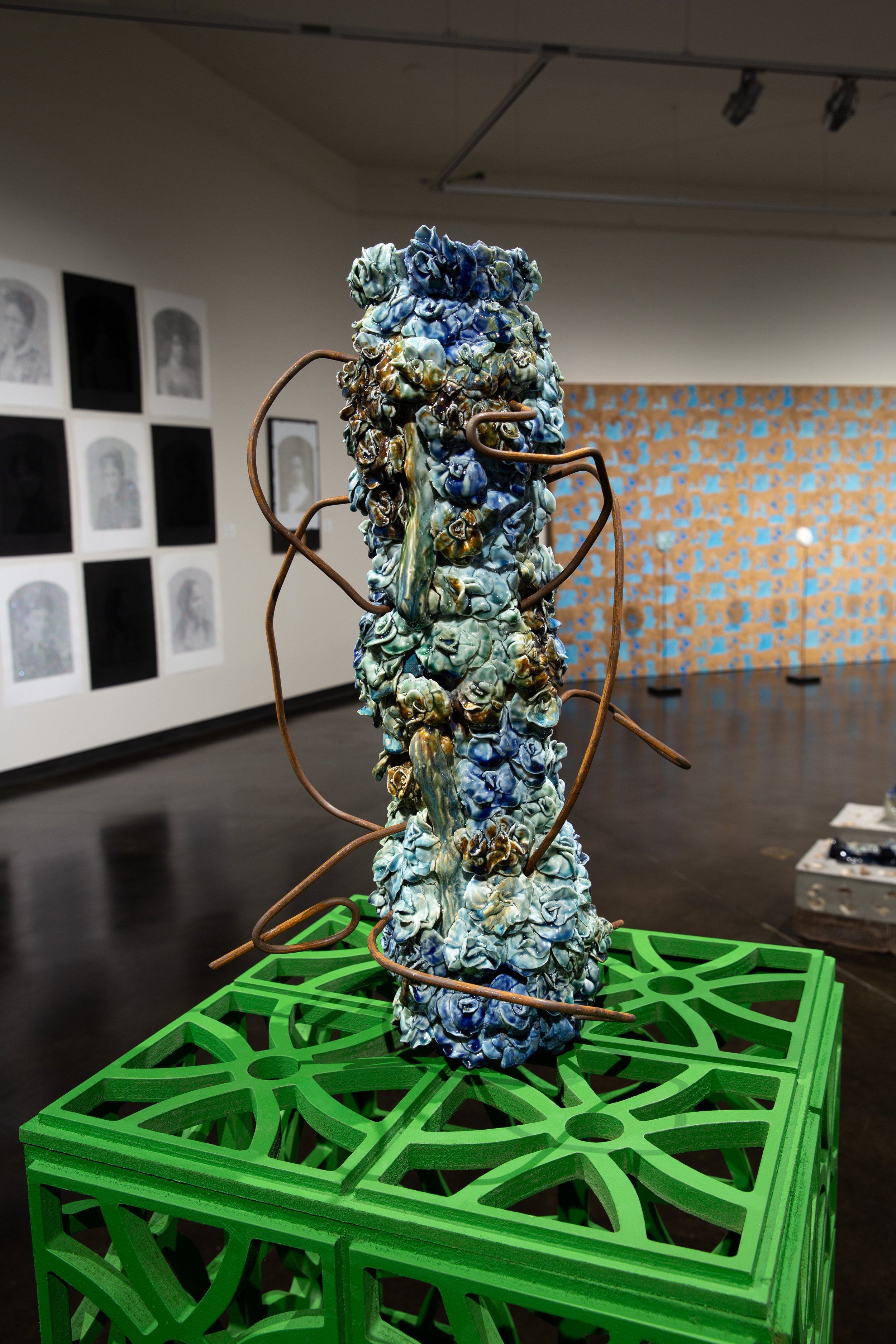 LaRissa Rogers,  Look at my Hands (ll)  , 2026, enlarged porcelain slip-cast heirlooms, glaze porcelain, steel