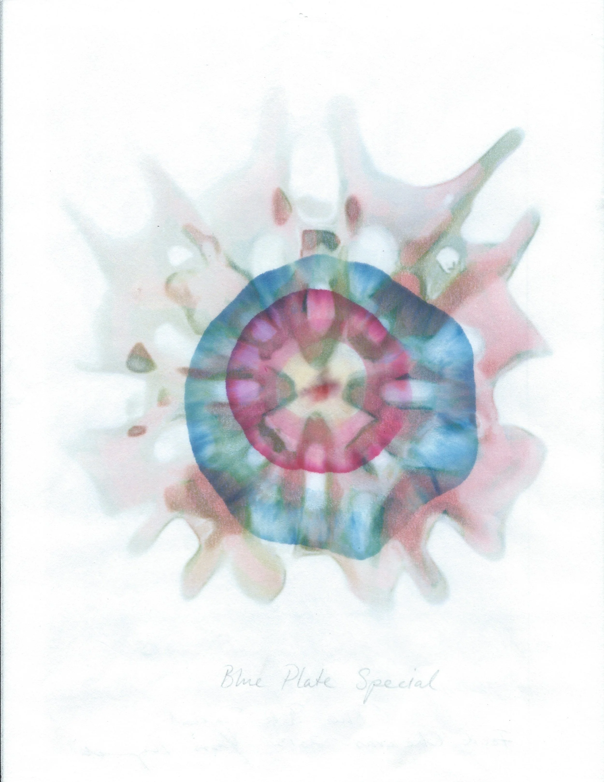  Yassi Mazandi,  Blue Plate Special  , 2013, mixed media on paper, 10" x 8"