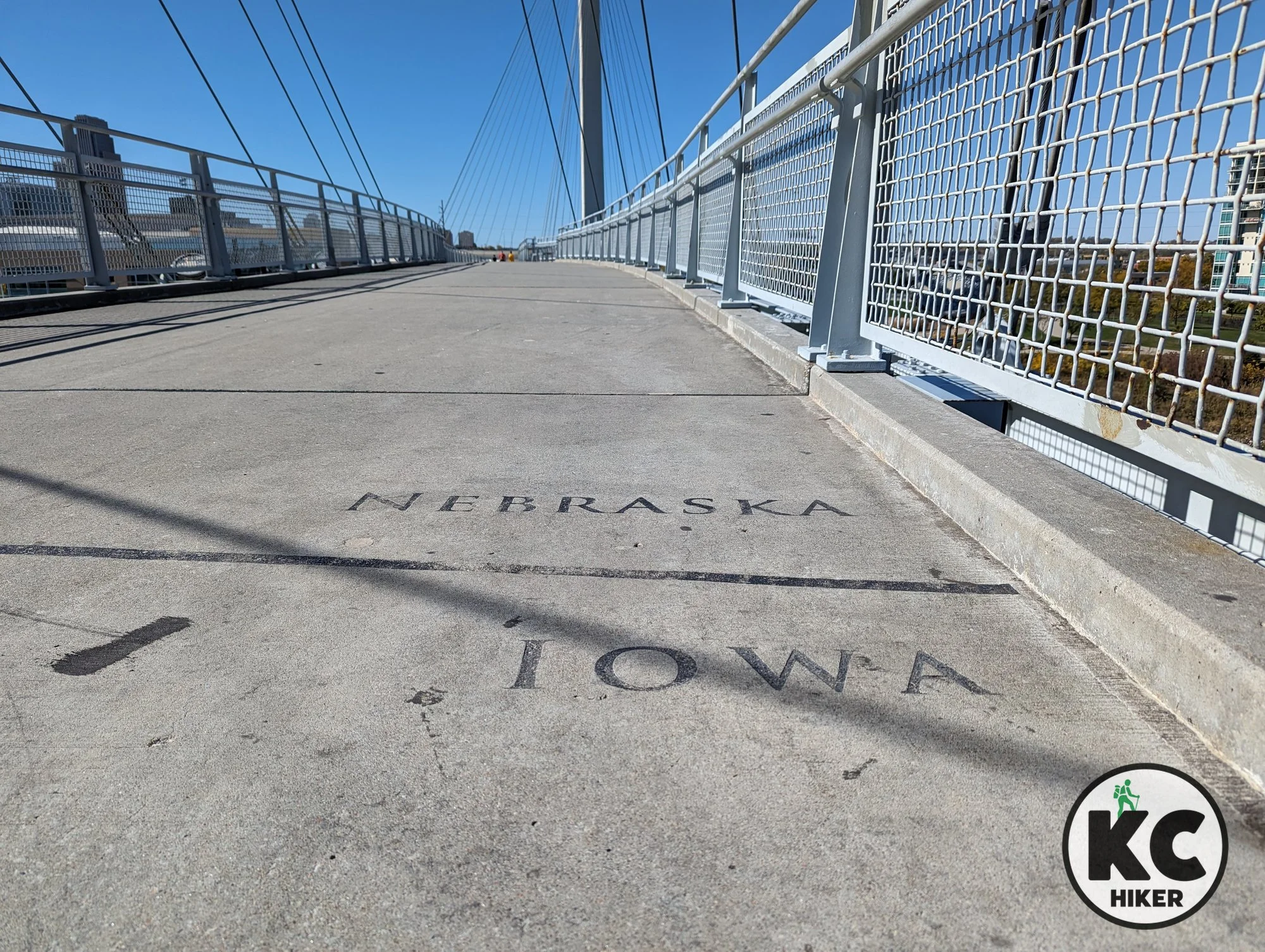 The Bob Kerry Pedestrian Bridge connects urban trails in Omaha, Nebraska, and Council Bluffs, Iowa.