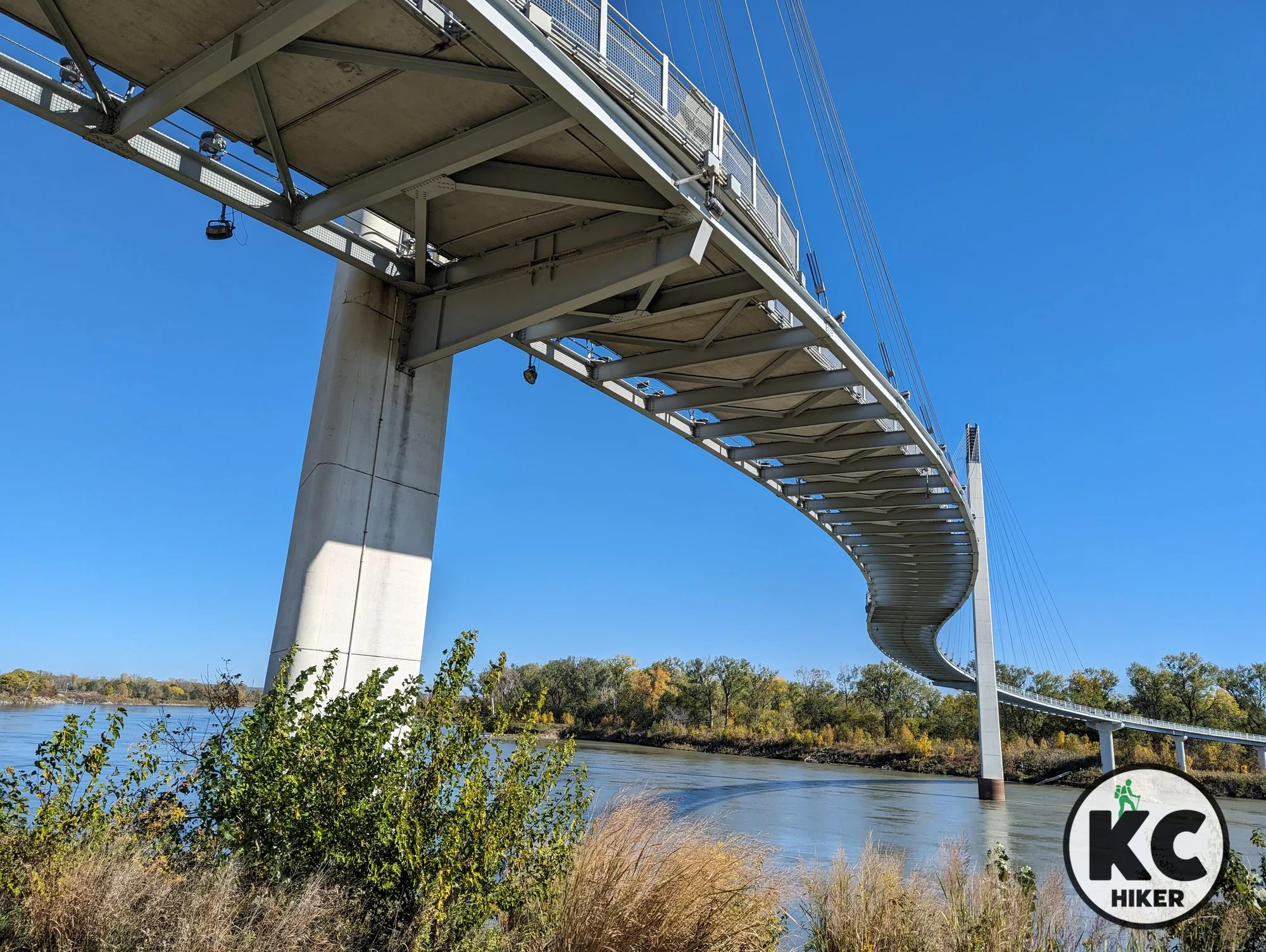 The Bob Kerry Pedestrian Bridge connects urban trails in Omaha, Nebraska, and Council Bluffs, Iowa.