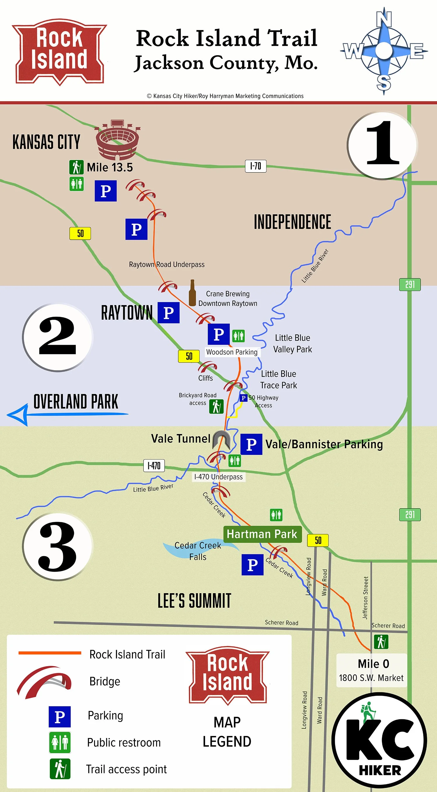 Trail map and guide for the Rock Island Trail in Jackson County, Mo.
