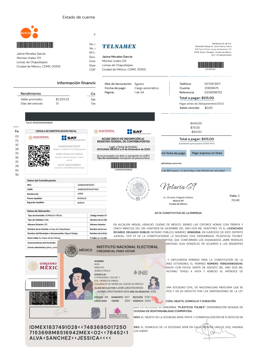 Documento de comprobante fiscal, con información personal, código de barras, logotipos, y una ficha de credencial para votar, con datos de una persona llamada Jaime Morales García y detalles del proceso electoral.