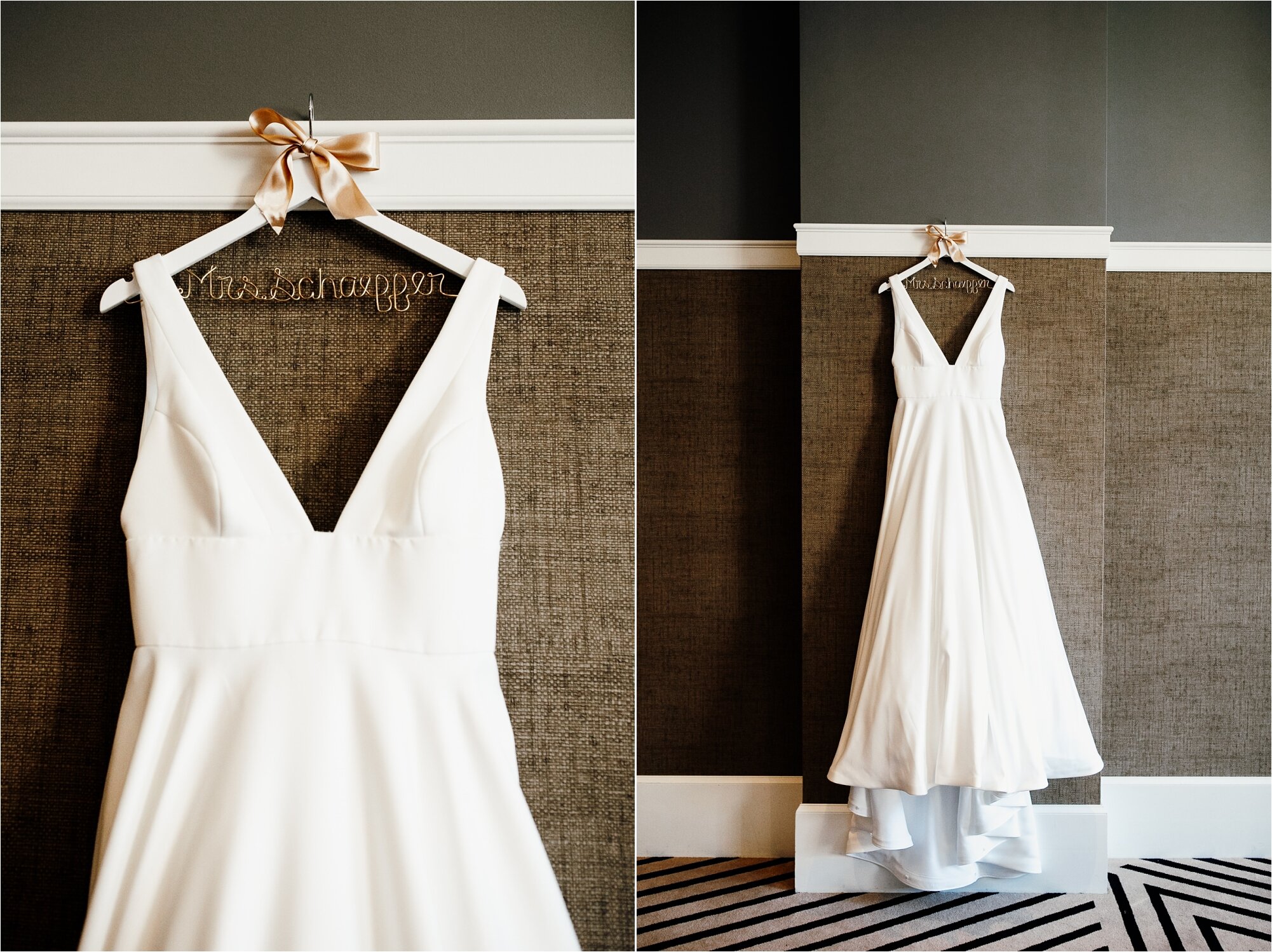  wedding dress hanging on personalized hanger  