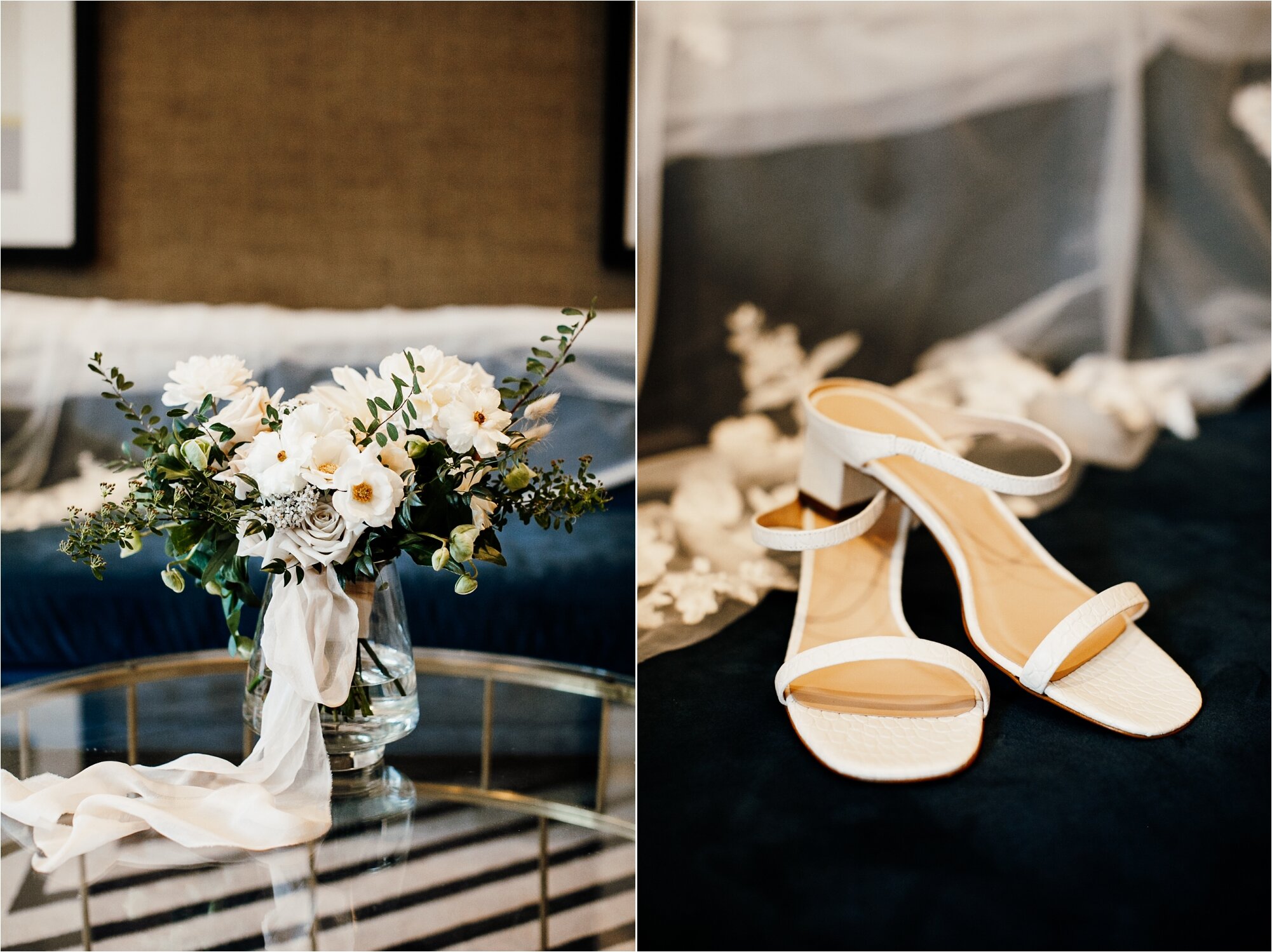  bridal bouquet in vase on table of getting ready space simple white wedding shoes 