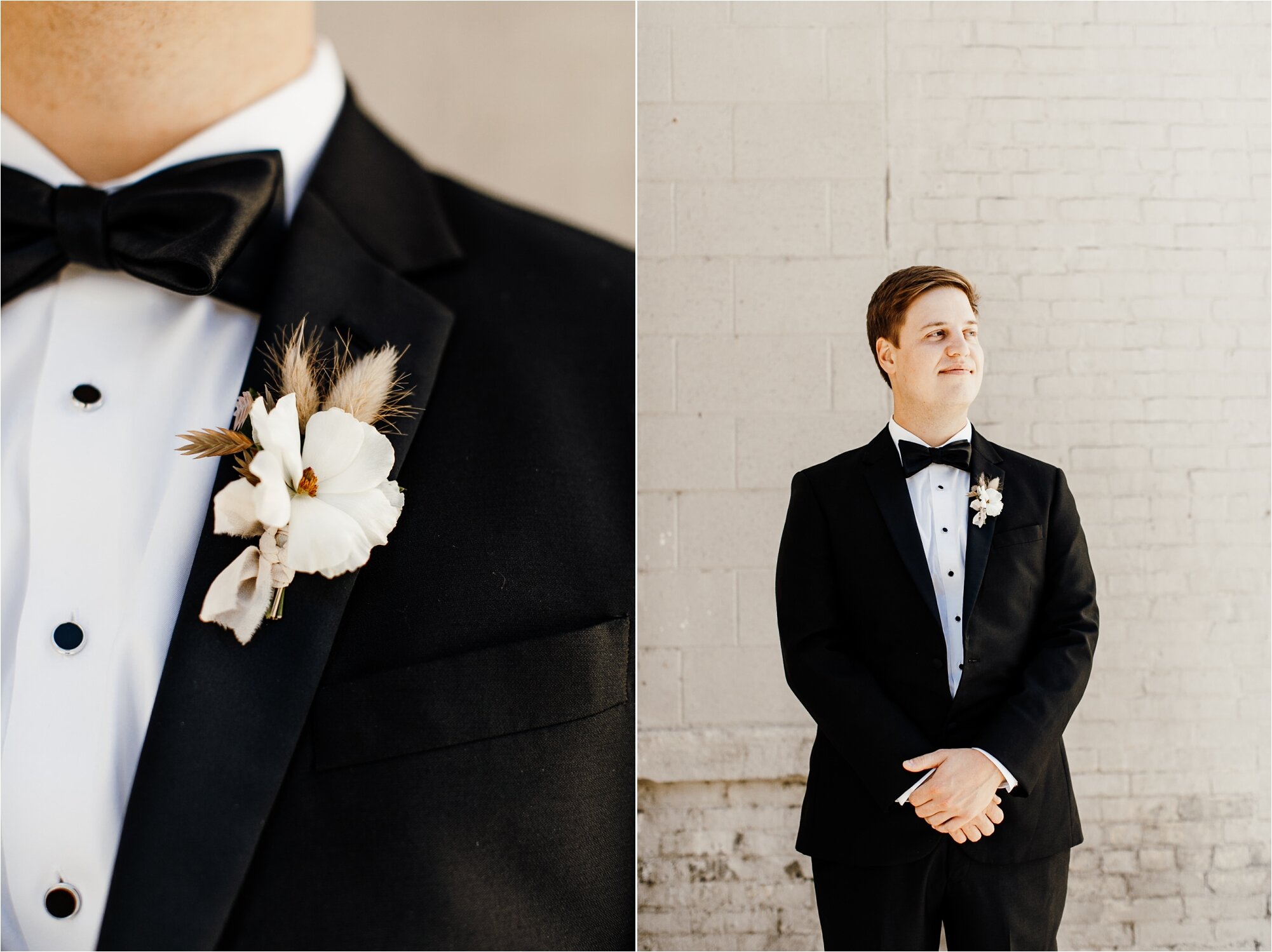  bridal portraits of groom on his wedding day in black suit tux tuxedo floral bouquet simple modern elegant beautiful  