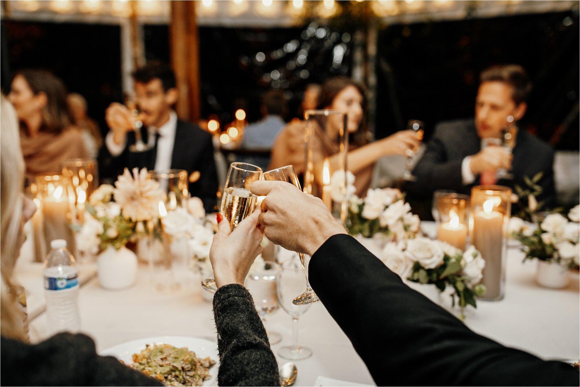  wedding guests clinking champagne glasses as toast to bride and groom on their wedding day 