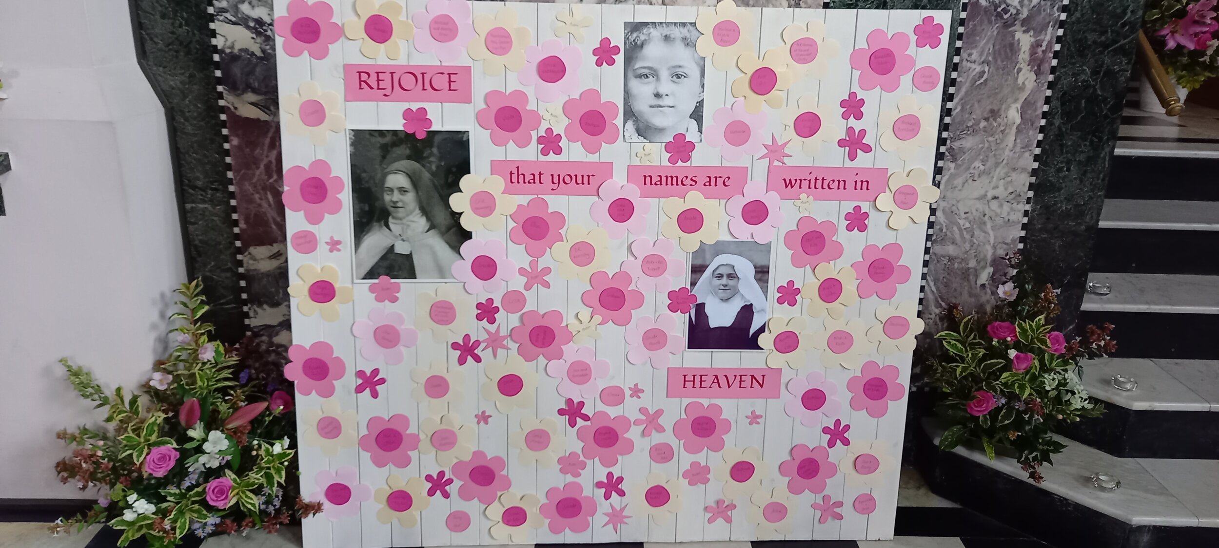 This is a picture of the prayer board we made, with the names of all the benefactors, for whom Masses will be offered.