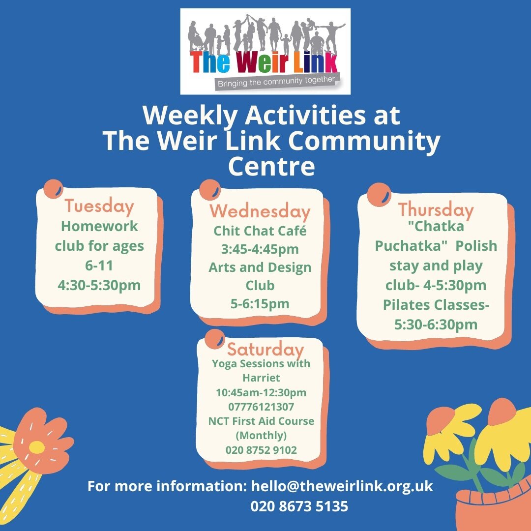 Find out more about our weekly programme of activities at The Weir Link! We run FREE #after-school clubs, including a homework club, an arts and crafts club and stay-and-play sessions, and a FREE #Pilates class on Thursdays with Madia @physio4meuk. F