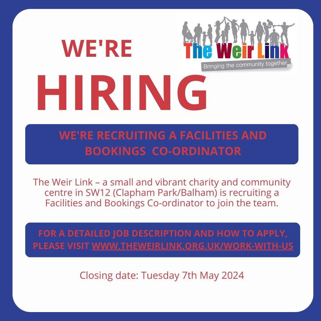 We're recruiting! We're looking for a Facilities and Bookings Co-ordinator to join our team.  Please visit our website page (link in bio) for a full job description and how to apply.  Closing date for applications is Tuesday, 7th May but early applic